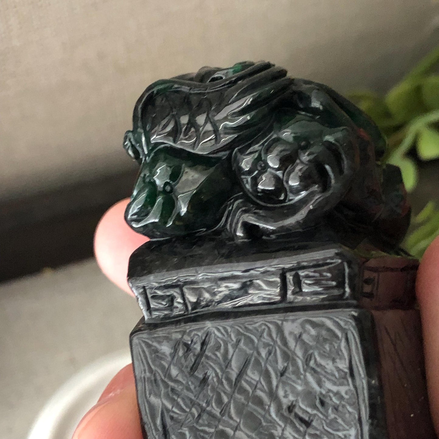 56.3mm Wuji Green Black Jadeite Jade Carved Dragon Statue Display RARE