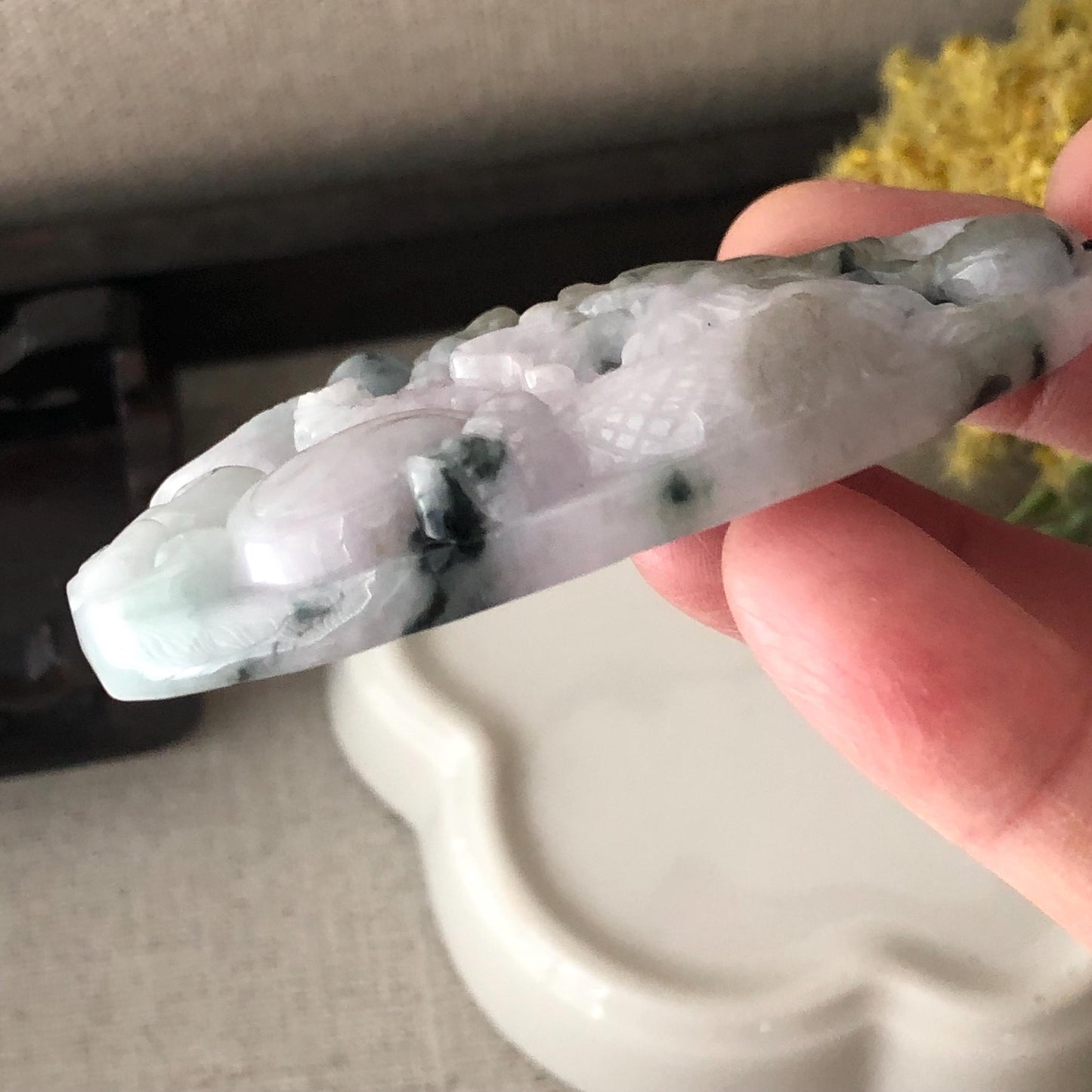 66.8mm Green Float Flowers Jadeite Jade Carved Dragon Pendant