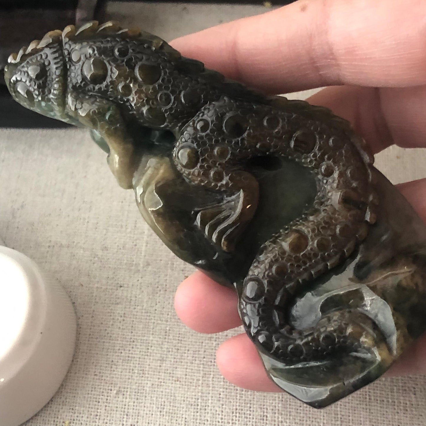 94.4mm Brown Green Jadeite Jade Carved Lizard Statue Display