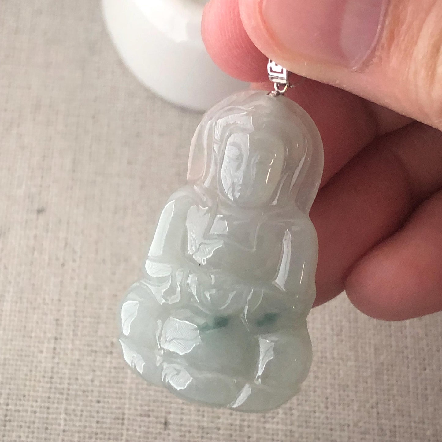 18K White Gold 35.5mm Glossy Green Float Flowers Jadeite Jade Carved Guanyin Pendant