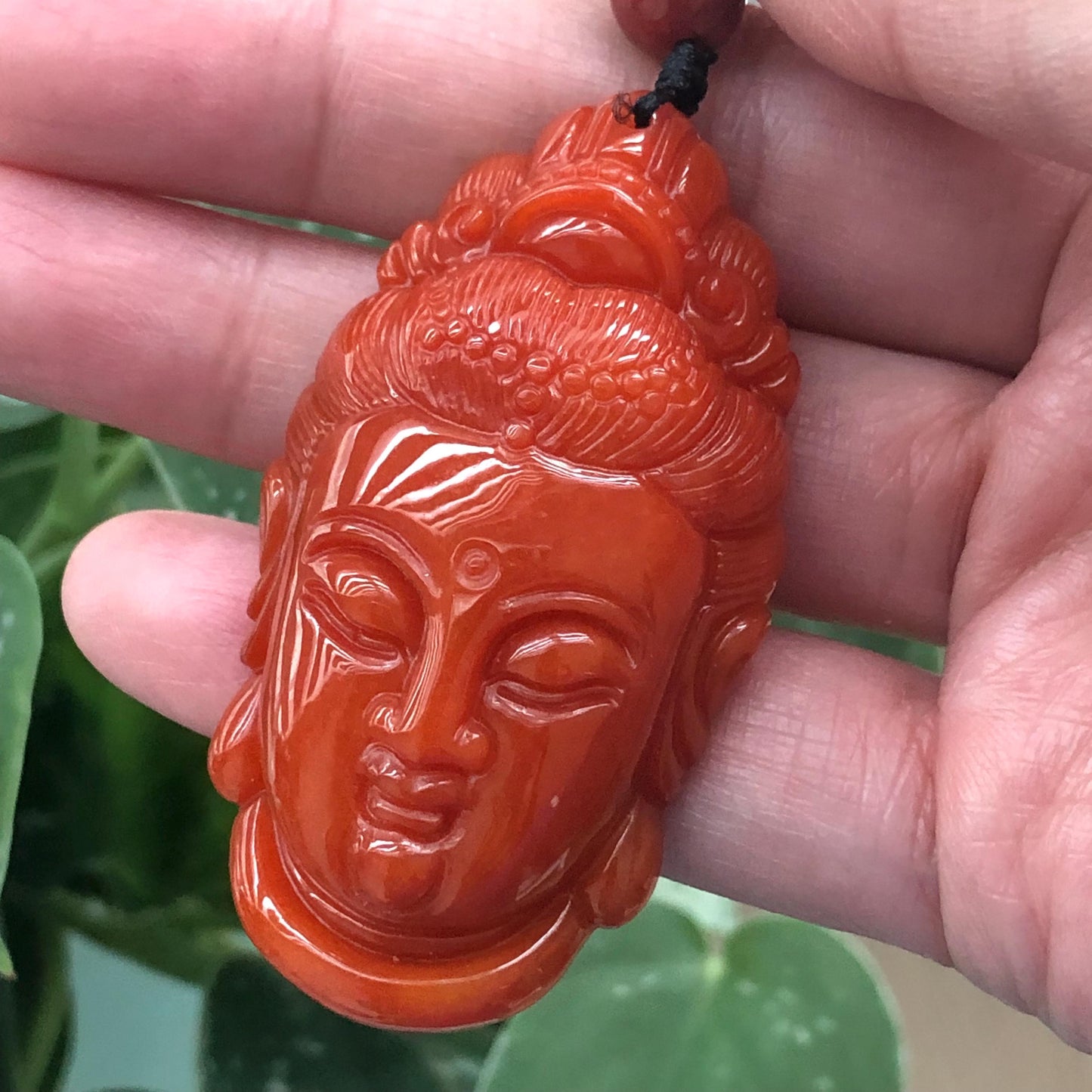 55 mm Glossy Red Brown Jadeite Jade Carved Guanyin Head Pendant