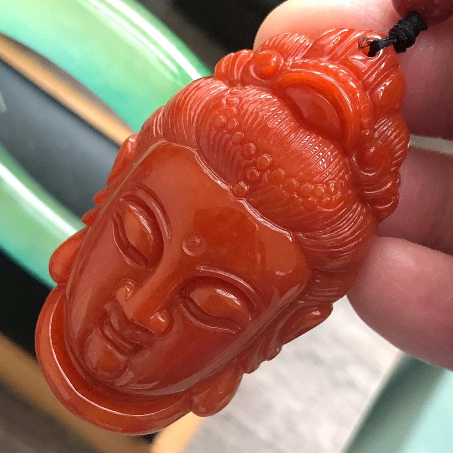 55 mm Glossy Red Brown Jadeite Jade Carved Guanyin Head Pendant