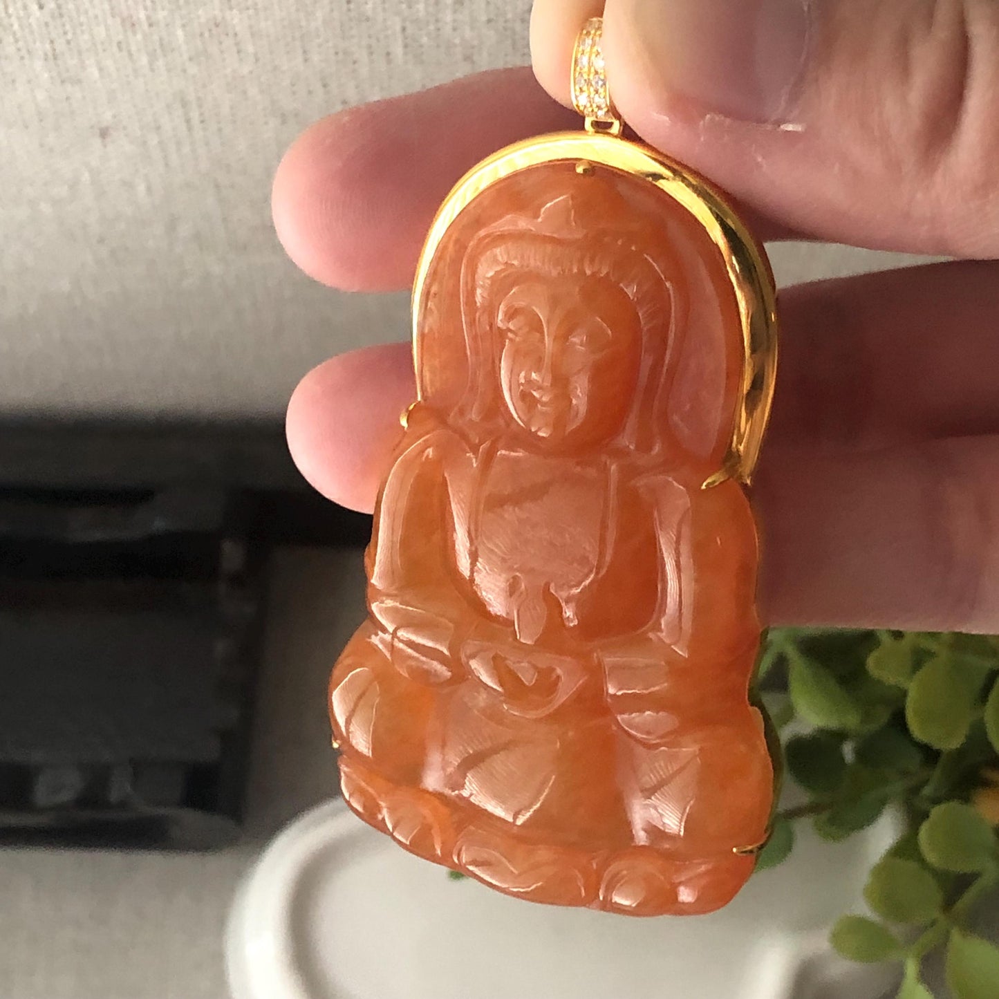 18K Yellow Gold 58mm Icy Reddish Orange Jadeite Jade Carved Guanyin Pendant with Diamond Bail
