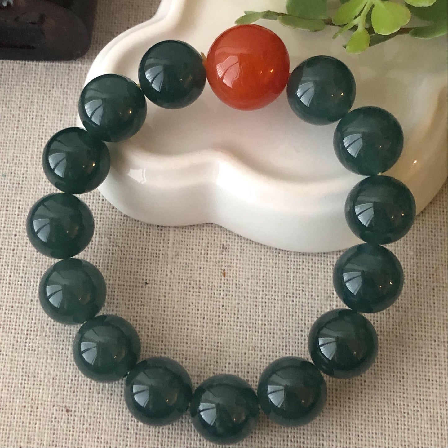 12.3mm Glossy Guatemalan Jade Jadeite Round Bead Bracelet