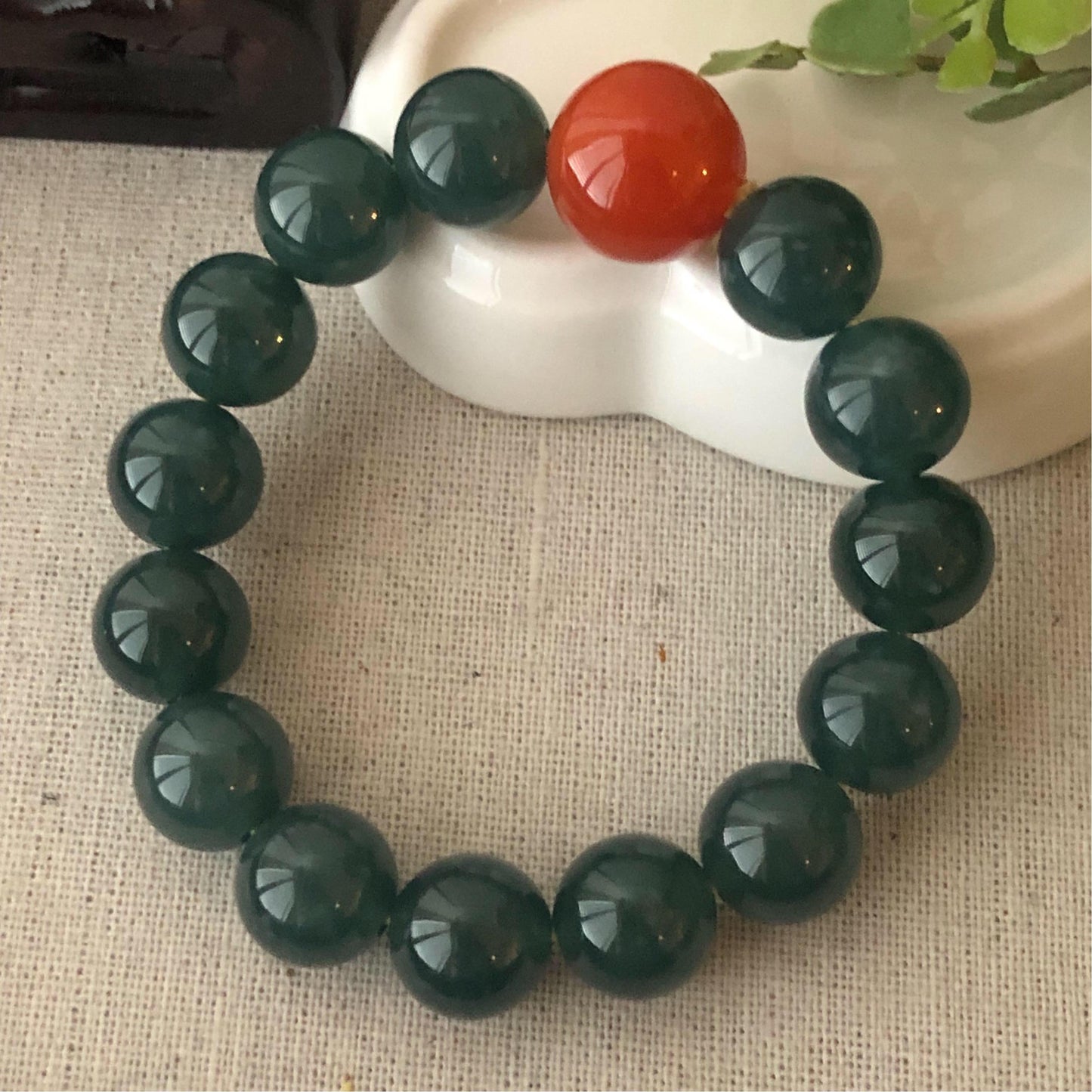 12.3mm Glossy Guatemalan Jade Jadeite Round Bead Bracelet
