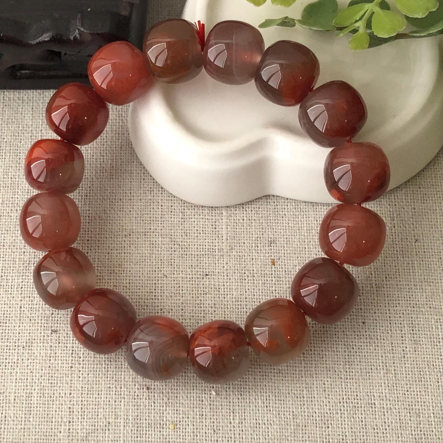 13.5mm Agate Grade A Natural Rounded Curved Bead Bracelet Red Tone