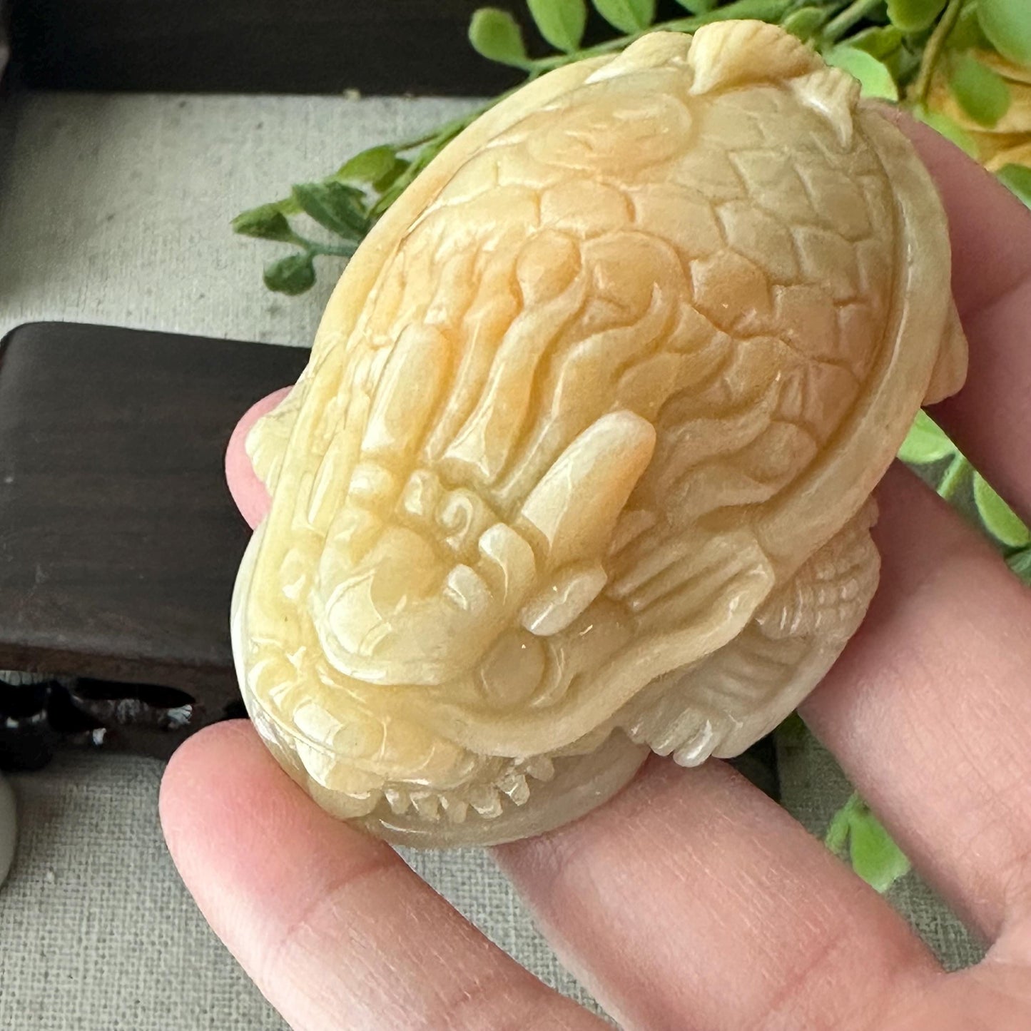 63mm Yellow Jadeite Jade Carved Dragon Turtle Display Statue