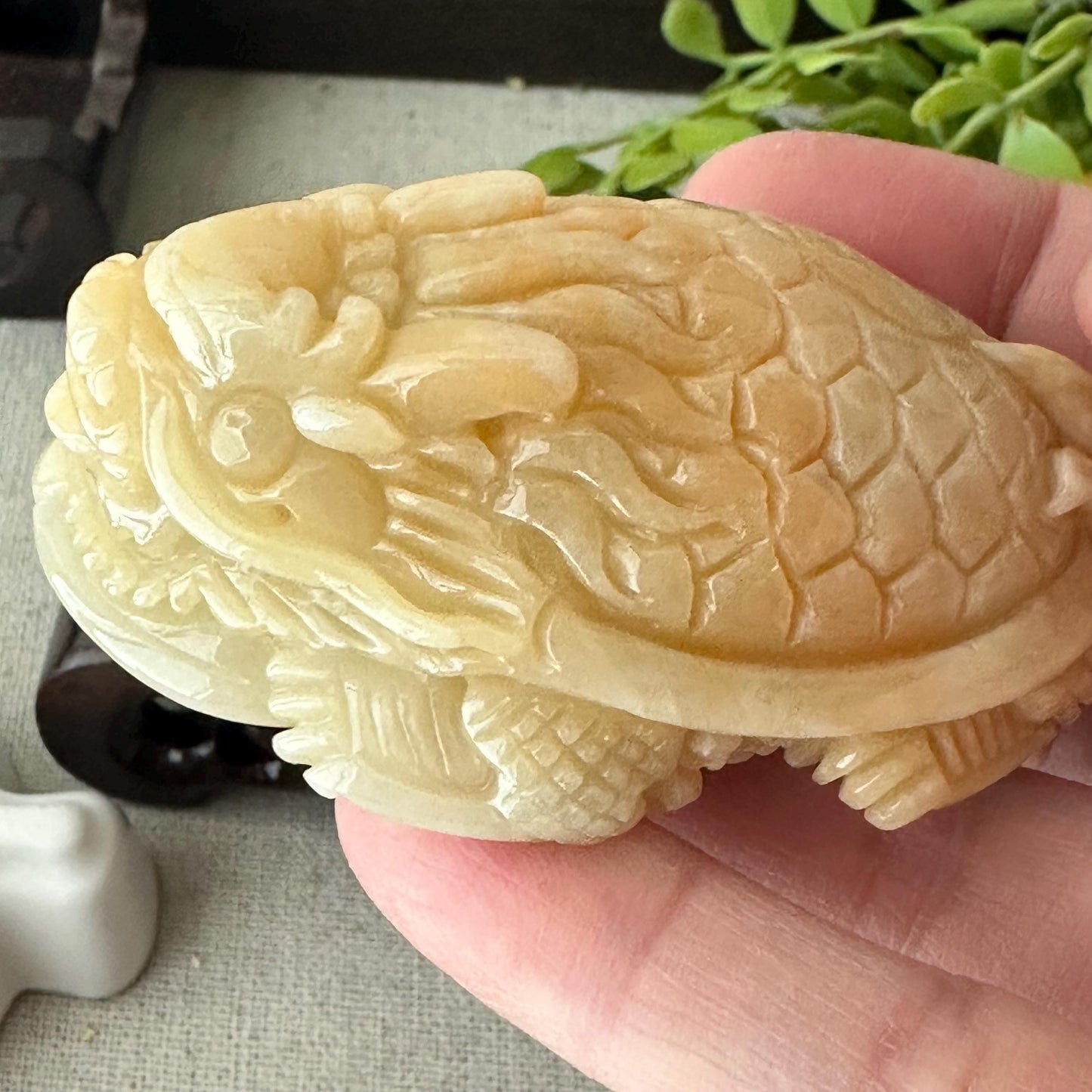 63mm Yellow Jadeite Jade Carved Dragon Turtle Display Statue