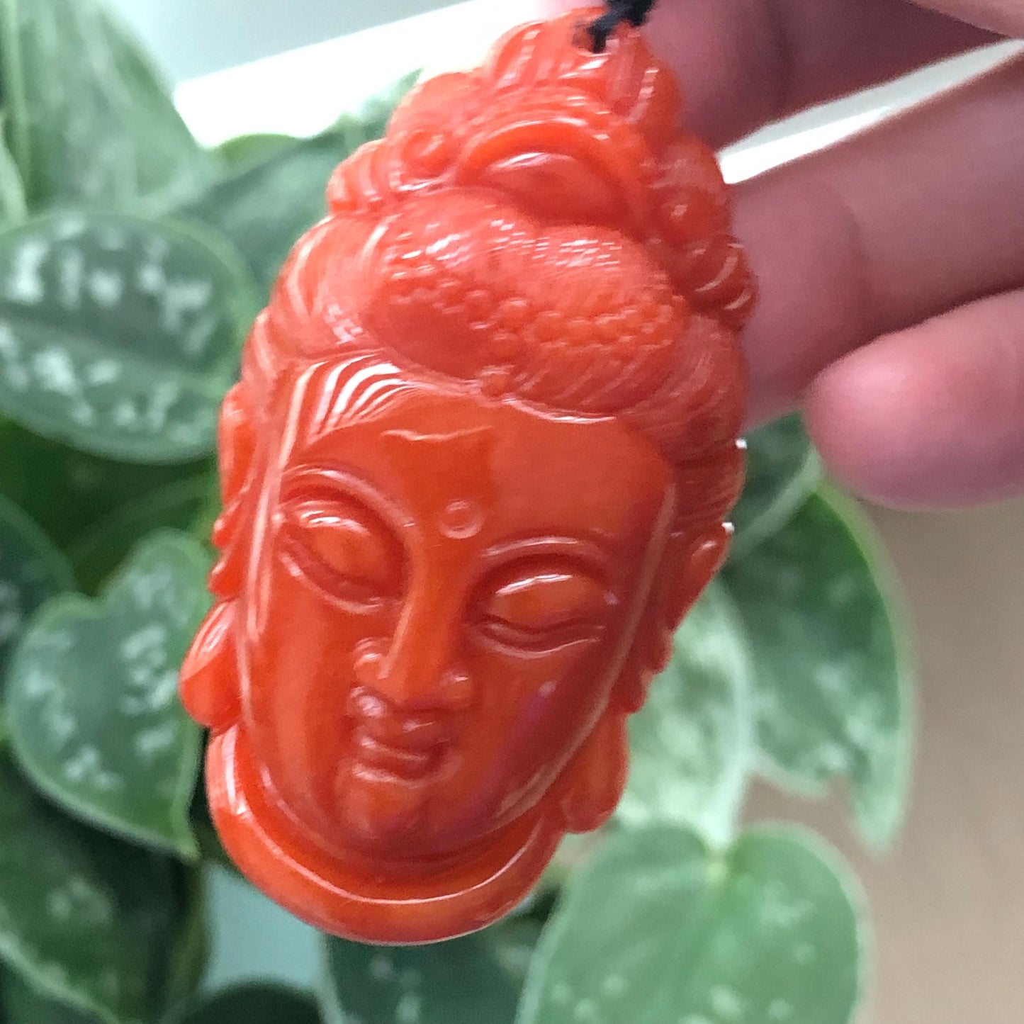 55 mm Glossy Red Brown Jadeite Jade Carved Guanyin Head Pendant