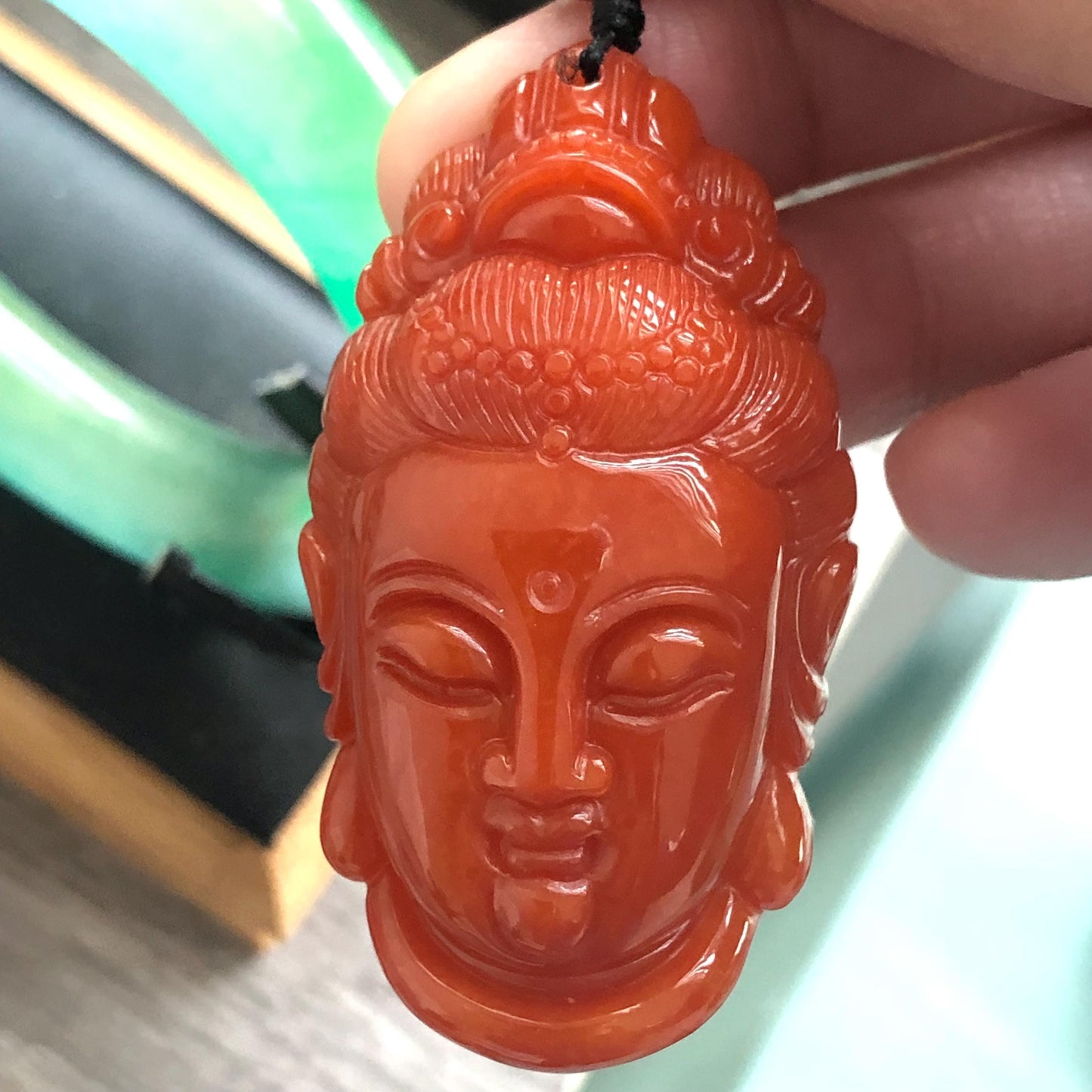 55 mm Glossy Red Brown Jadeite Jade Carved Guanyin Head Pendant