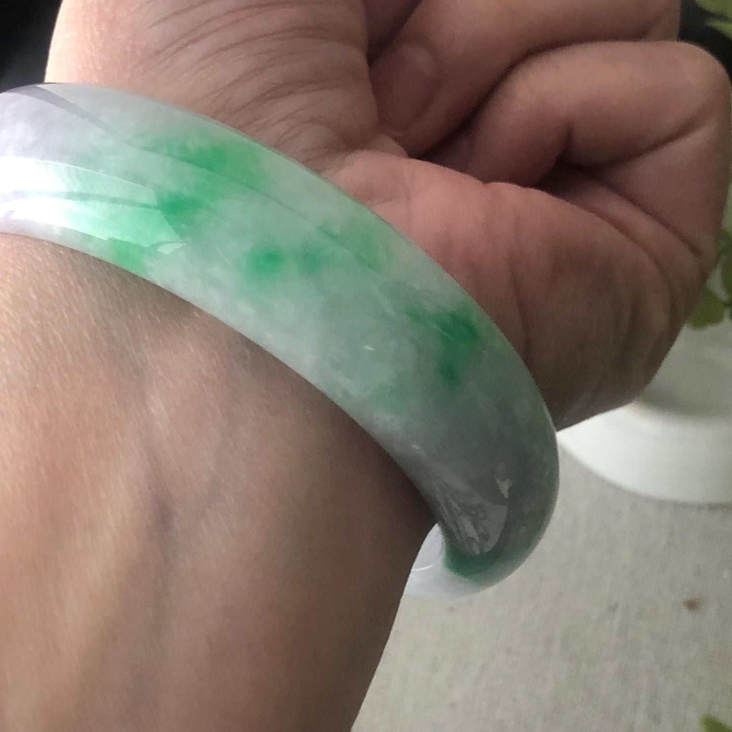 58mm Icy Cottony Lavender Green Float Flowers Jadeite Jade D-Shaped Bangle