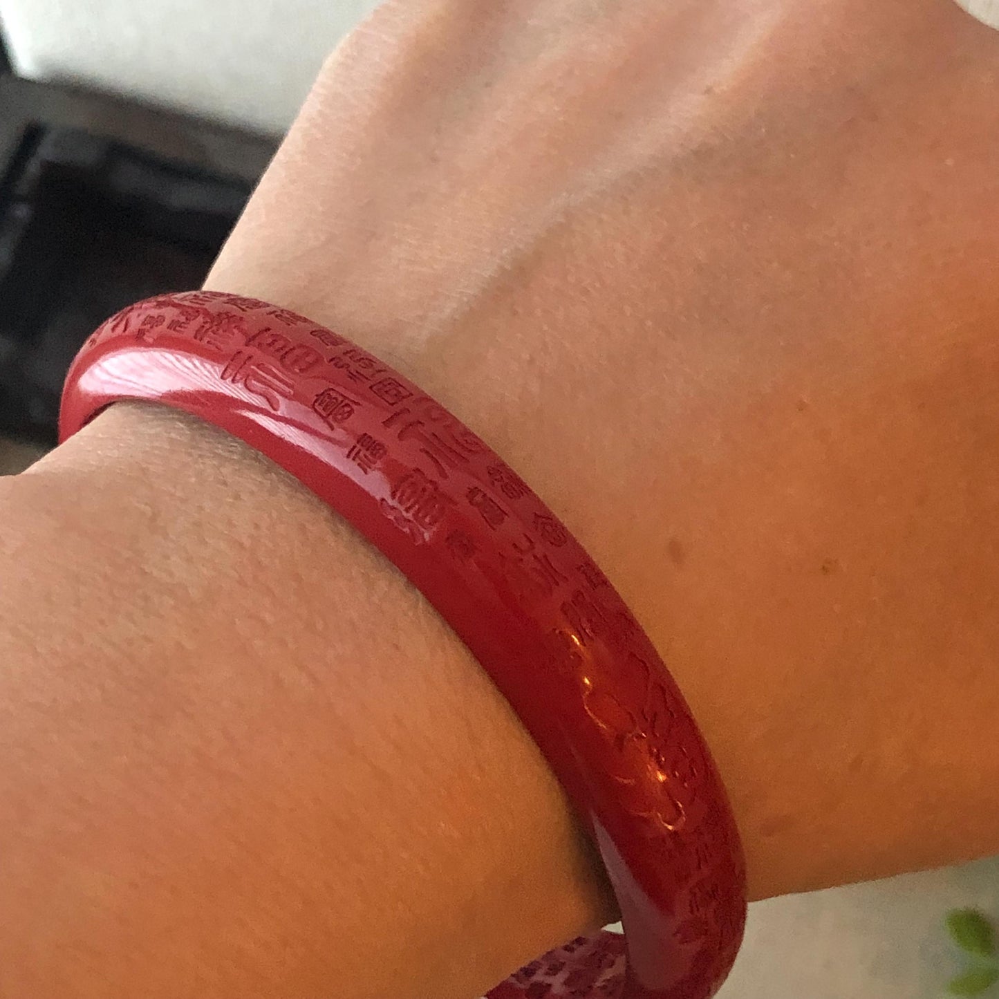 60 mm Red Cinnabar D-shaped Bangle Carved Asian Characters Blessing