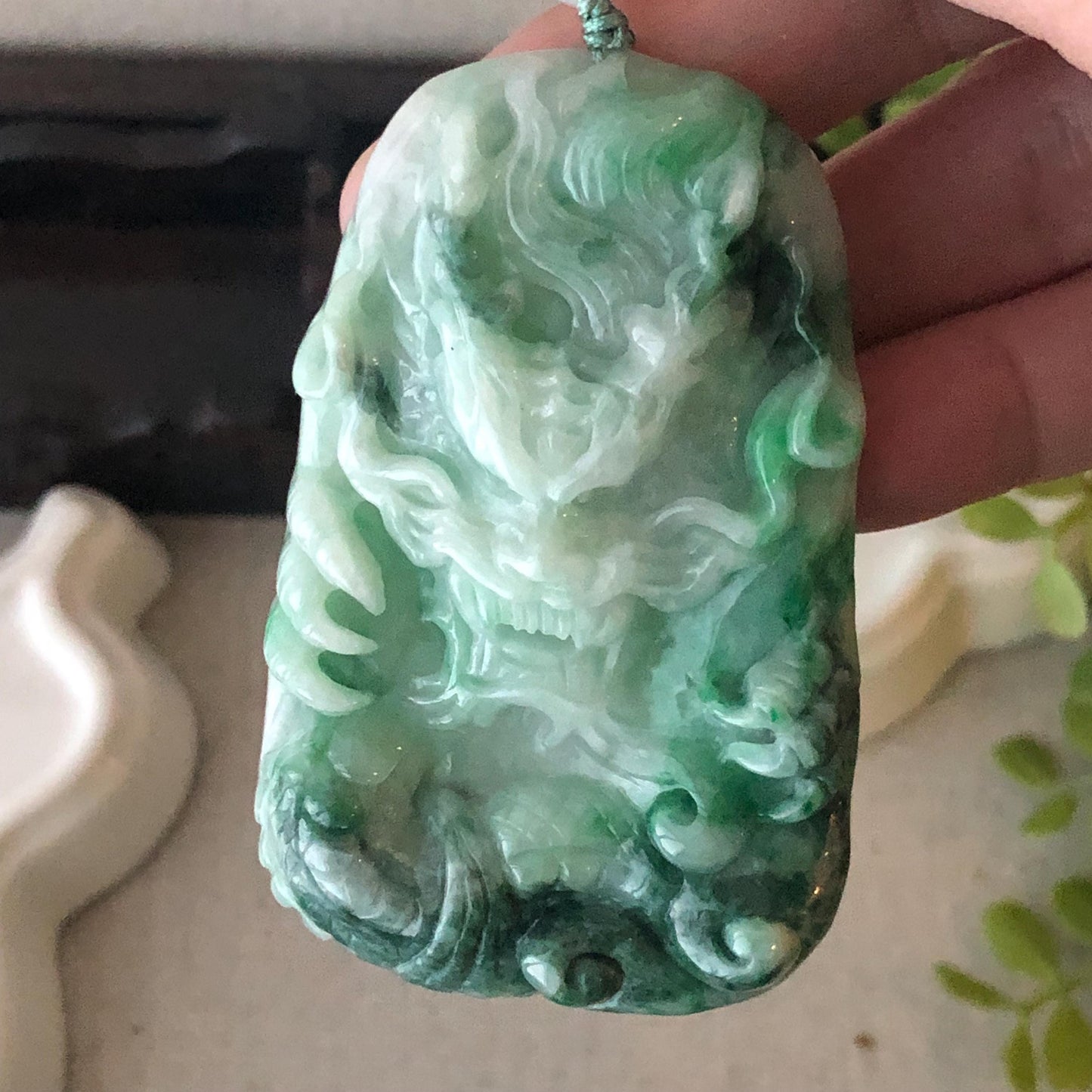 64.2mm Jadeite Jade Green Carved Dragon Pendant