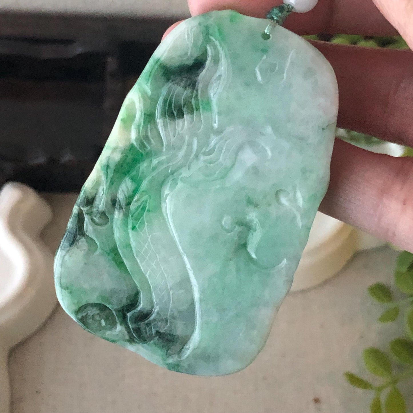 64.2mm Jadeite Jade Green Carved Dragon Pendant
