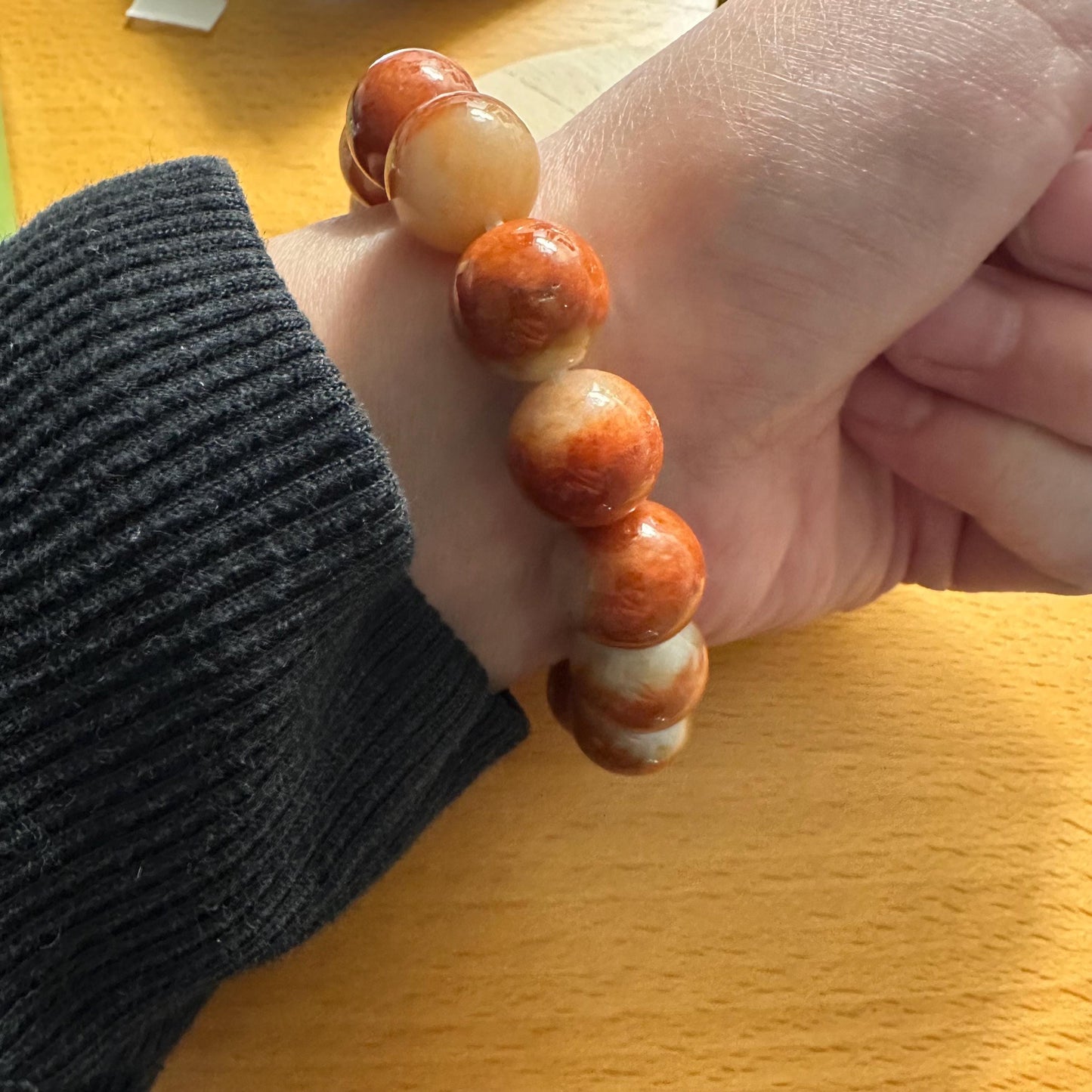 13 mm Earthy Glossy Yellow Brown White Jadeite Jade Bead Bracelet