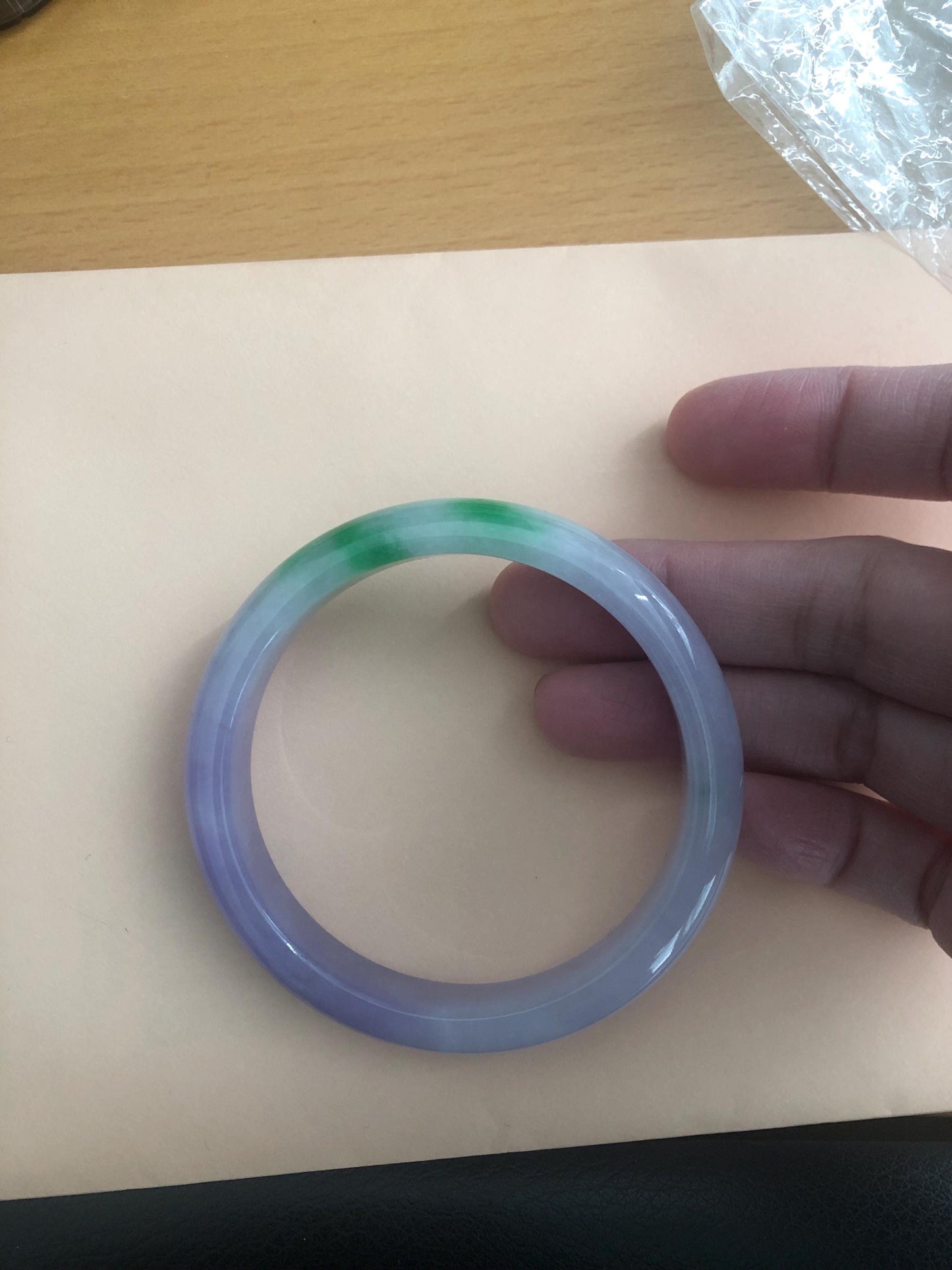 56 mm RARE Icy White Green Lavender Jadeite Jade D shaped Bangle