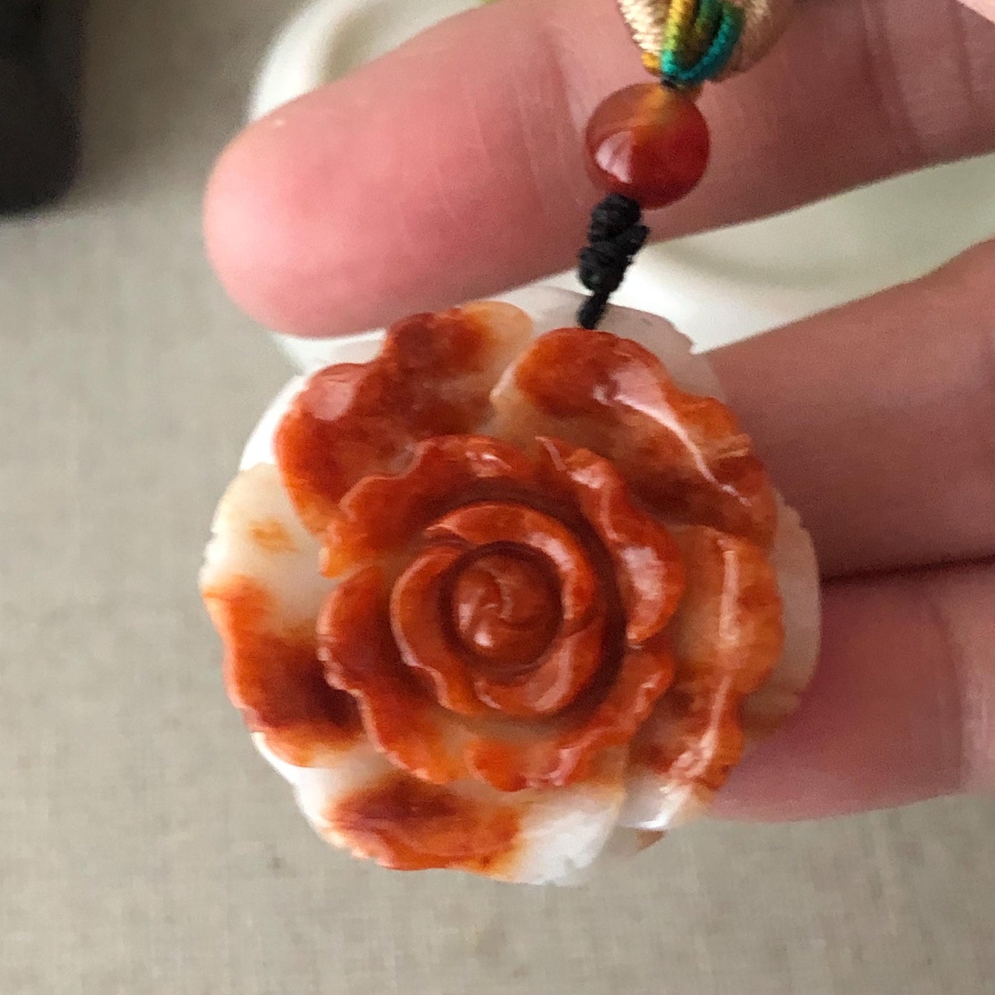 31mm Red Brown White Jadeite Jade Carved Flower Pendant