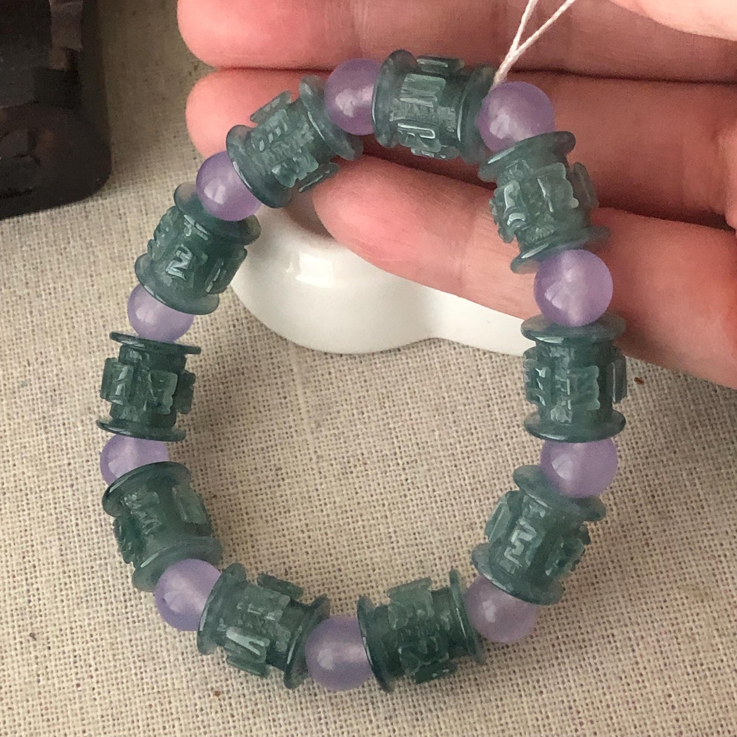 12.2mm x 11.4mm Jadeite Jade Icy Glossy Blue Green Carved Six Word Blessing Bead Bracelet