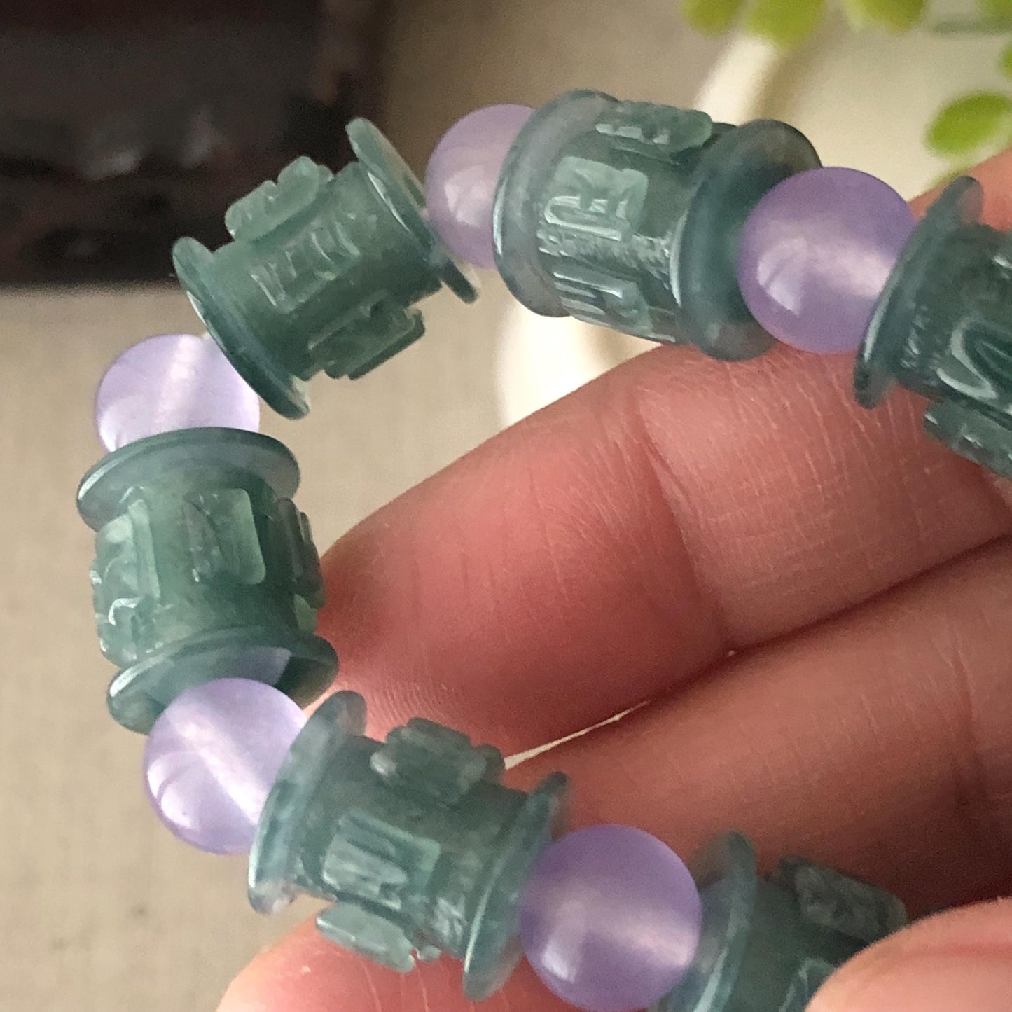 12.2mm x 11.4mm Jadeite Jade Icy Glossy Blue Green Carved Six Word Blessing Bead Bracelet