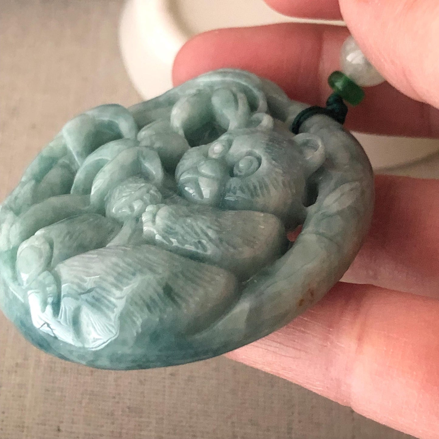 53mm Green Jadeite Jade Carved Panda Pendant