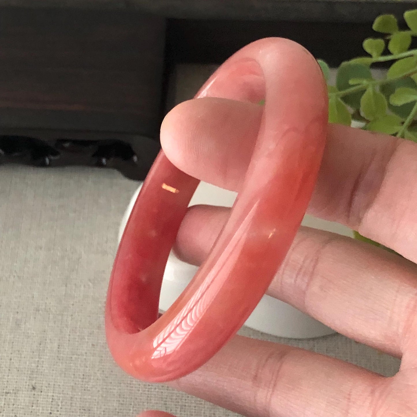 57mm Light Red Cottony Jadeite Jade D-Shaped Bangle