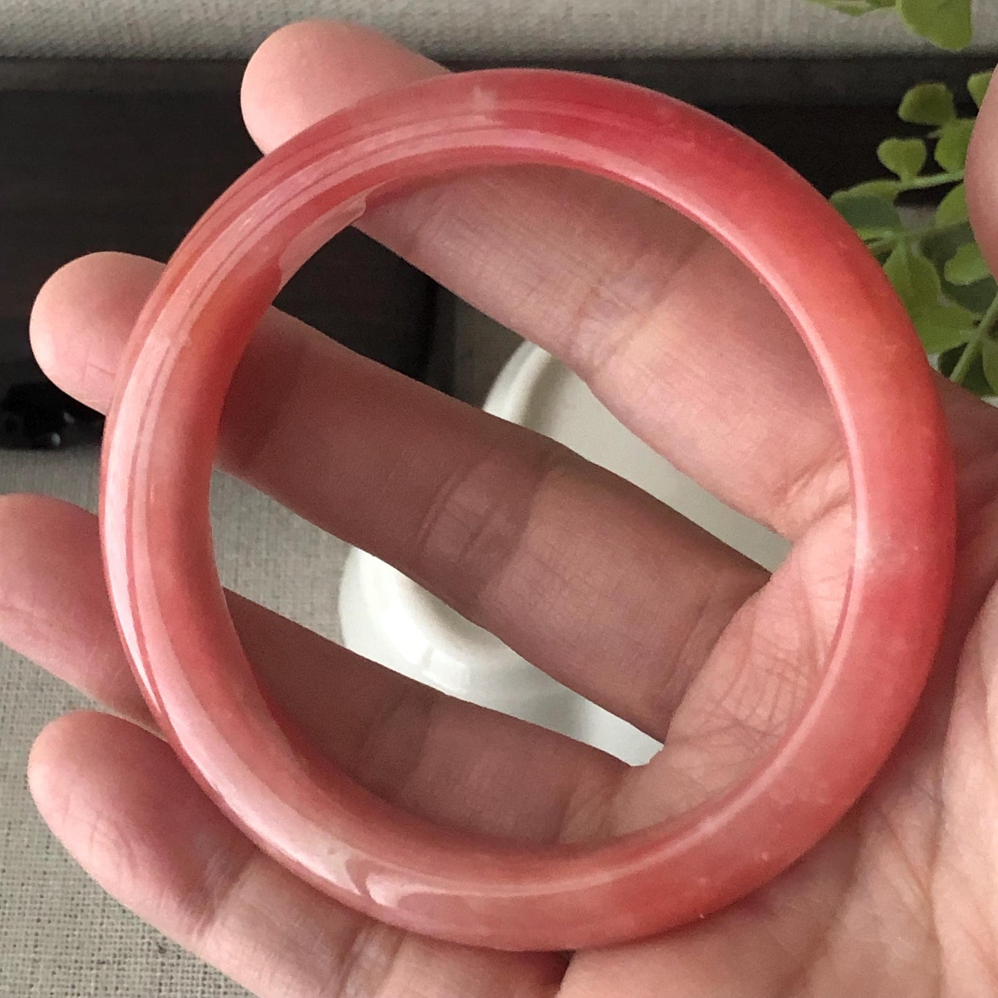 57mm Light Red Cottony Jadeite Jade D-Shaped Bangle