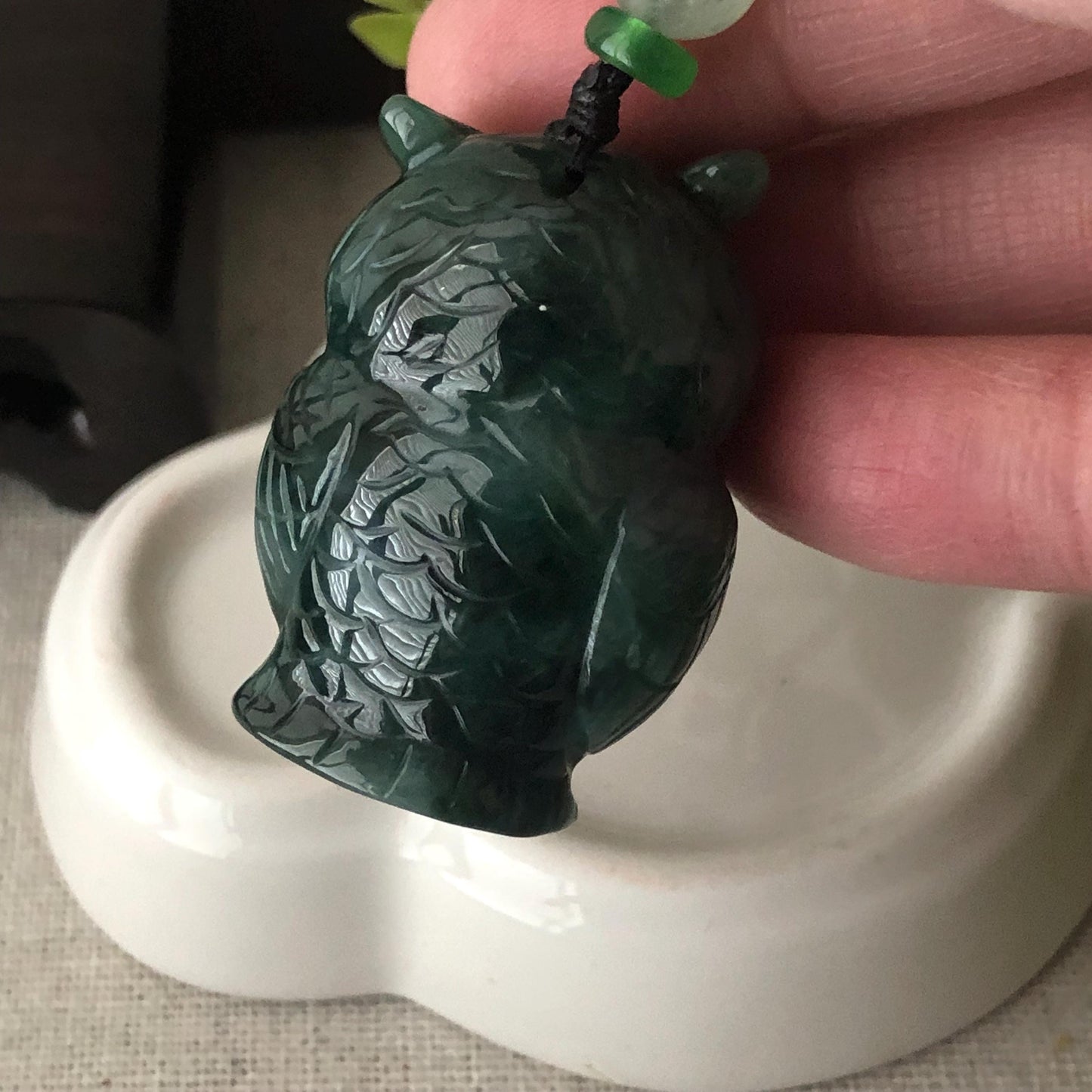 36mm Jadeite Jade Green Carved Owl Pendant Charm