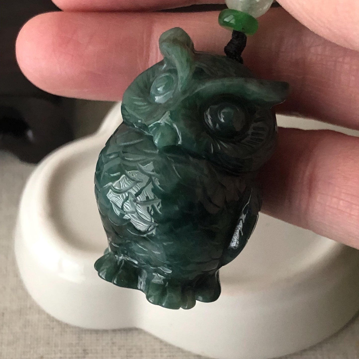 36mm Jadeite Jade Green Carved Owl Pendant Charm