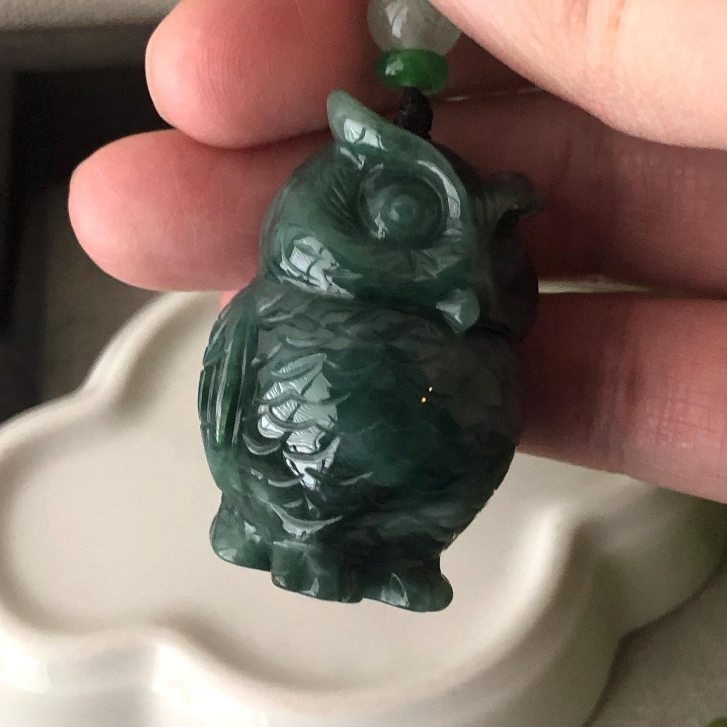 36mm Jadeite Jade Green Carved Owl Pendant Charm
