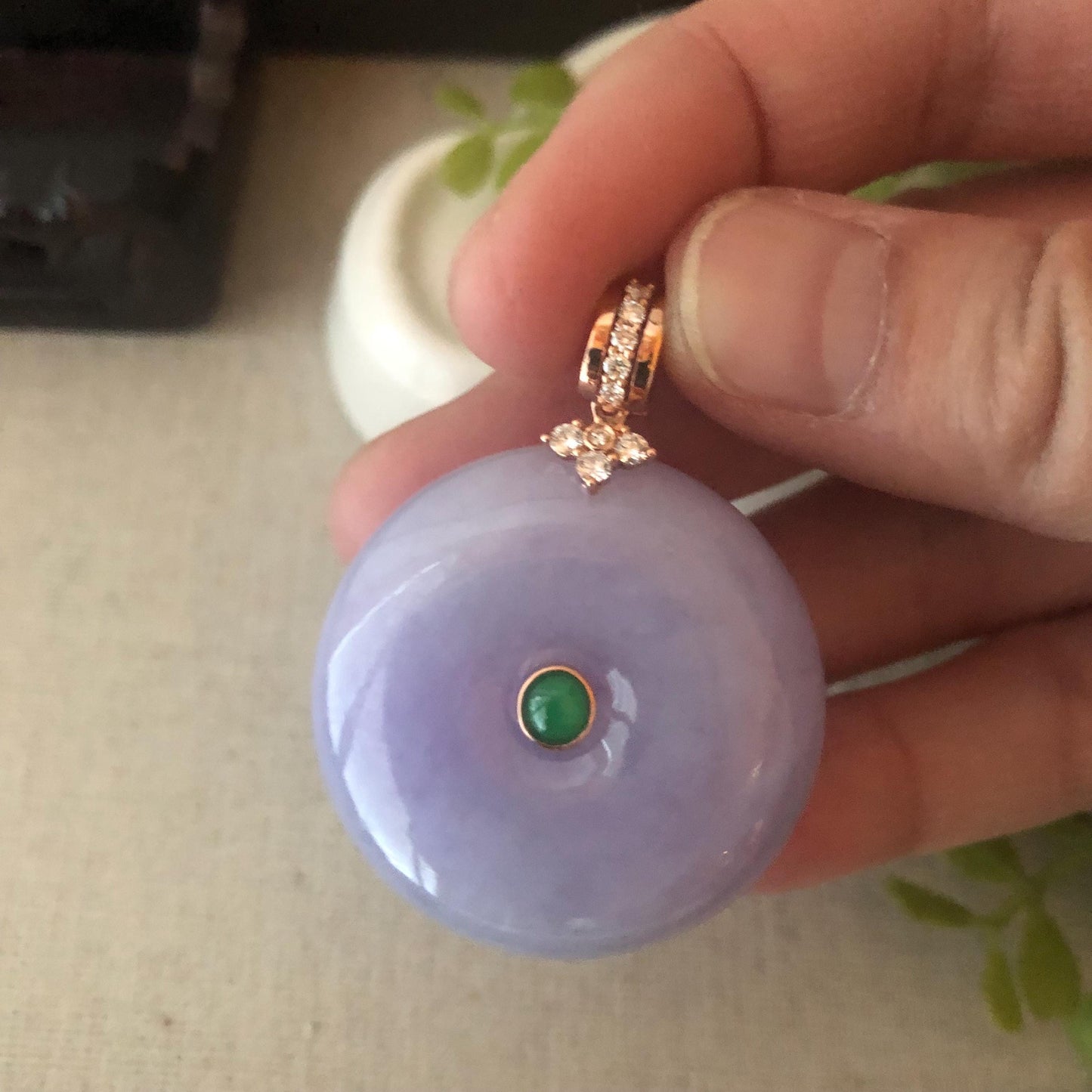 18K Jadeite Jade Dainty Pink Lavender Donut Pendant Diamonds