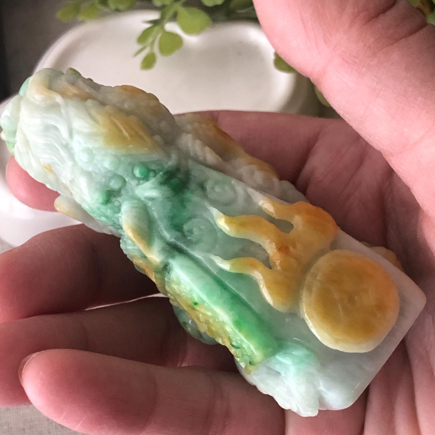 74.6mm Yellow Green Jadeite Jade Carved Dragon Landscape Statue Display Stamp