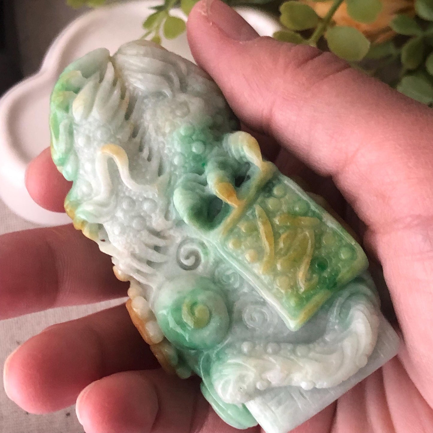 74.6mm Yellow Green Jadeite Jade Carved Dragon Landscape Statue Display Stamp