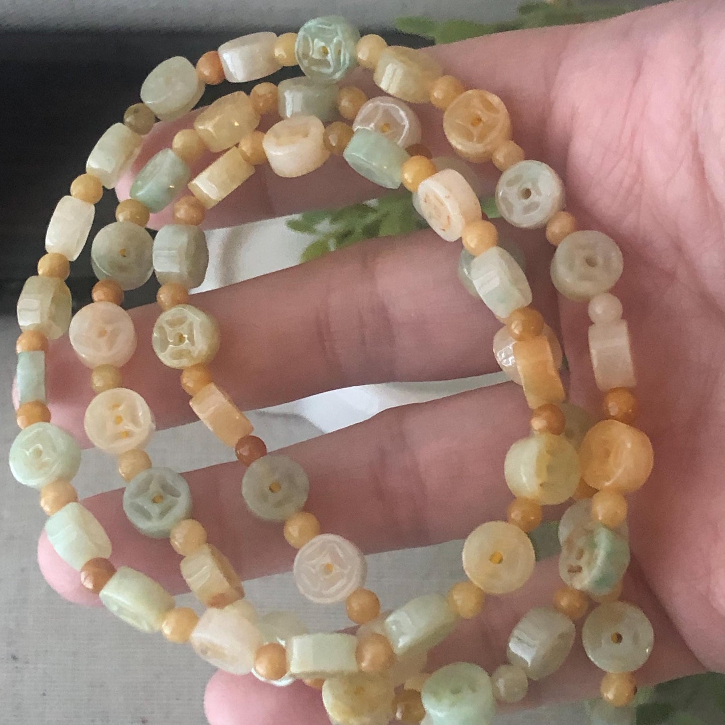 6.8mm Icy Glossy Green Yellow Jadeite Jade Carved Ba Guai Necklace Bracelet