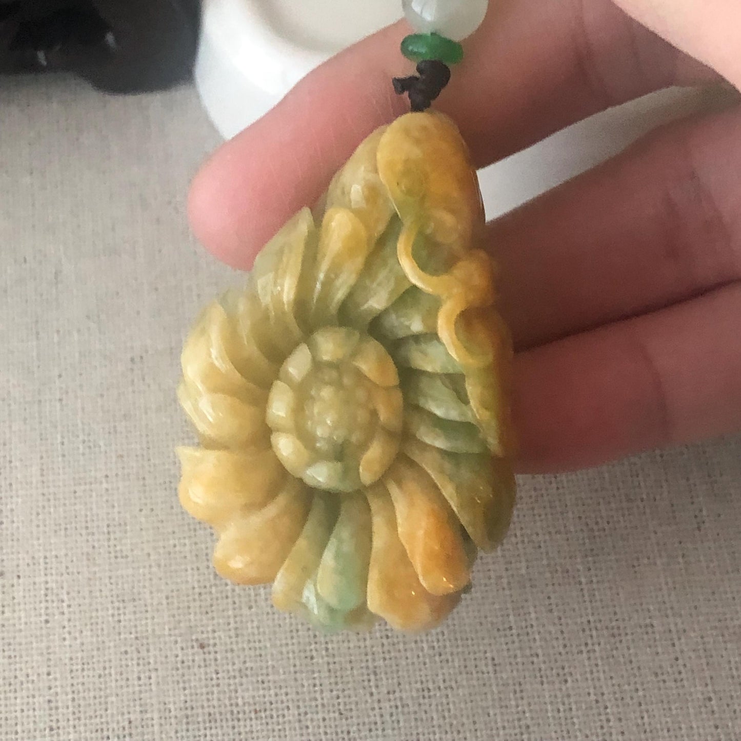 47.6 mm Yellow Green Jadeite Jade Carved Butterfly Flower Pendant