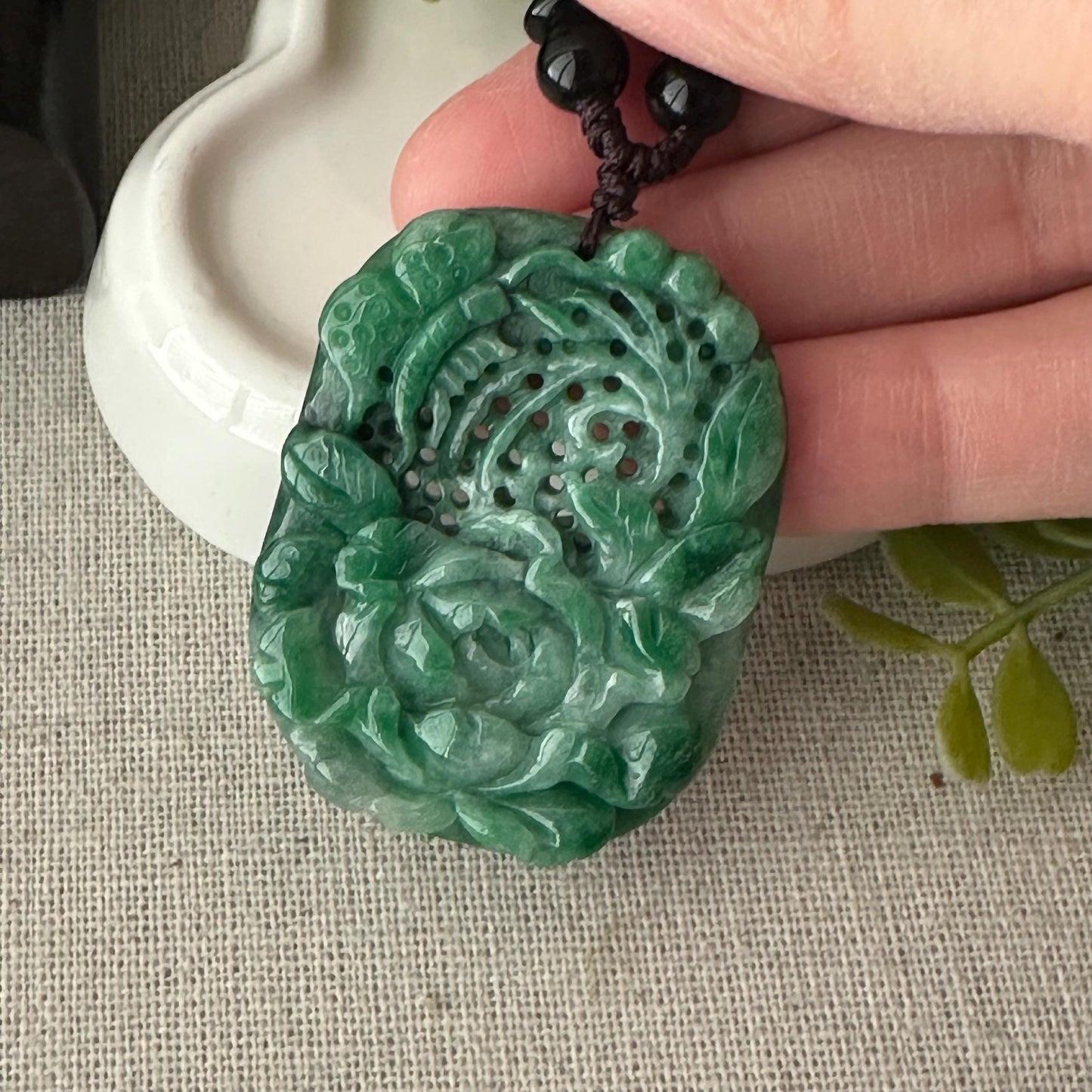 42 mm Green Jadeite Jade Carved Flower Pendant