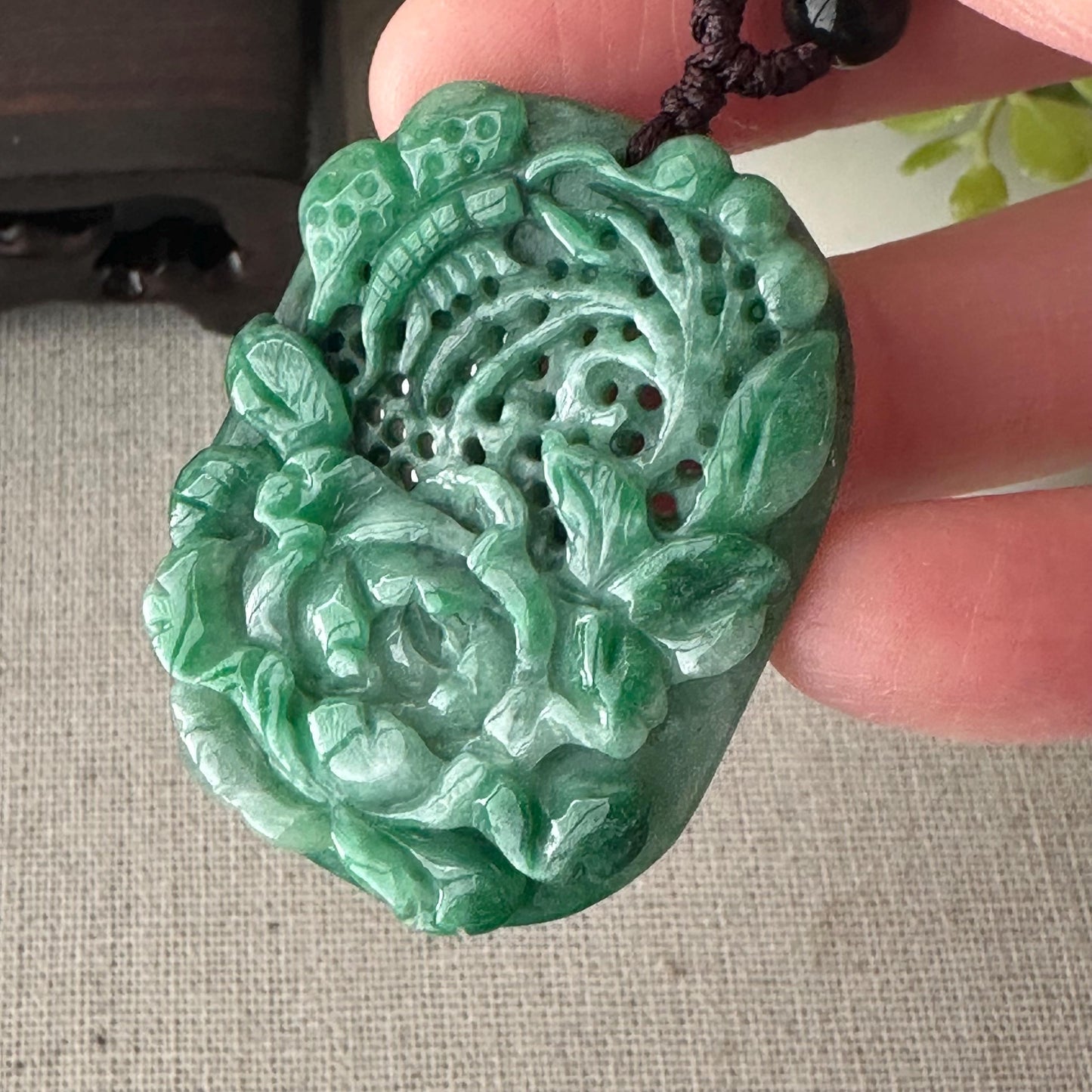 42 mm Green Jadeite Jade Carved Flower Pendant