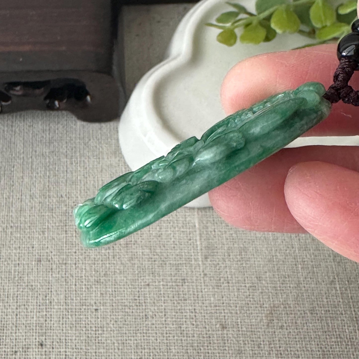 42 mm Green Jadeite Jade Carved Flower Pendant