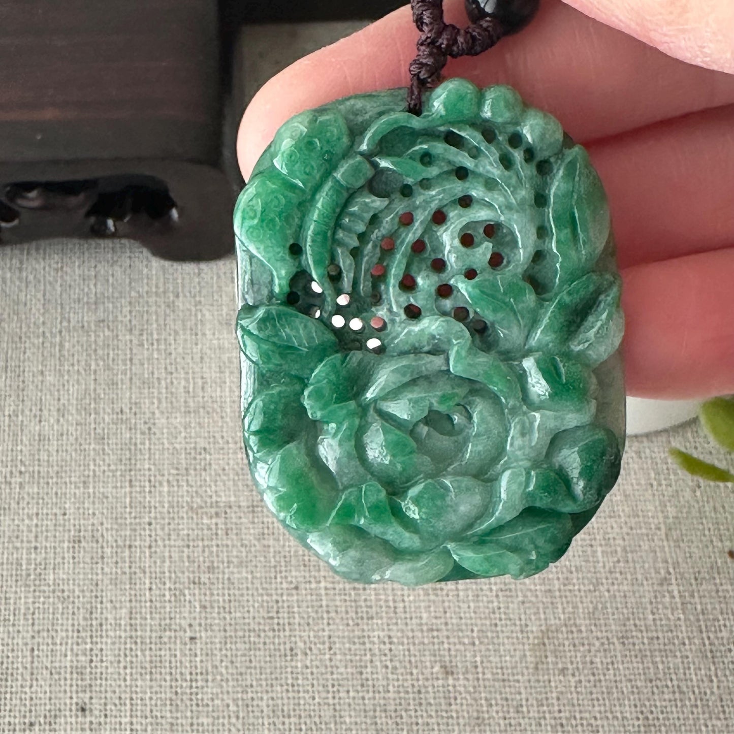 42 mm Green Jadeite Jade Carved Flower Pendant