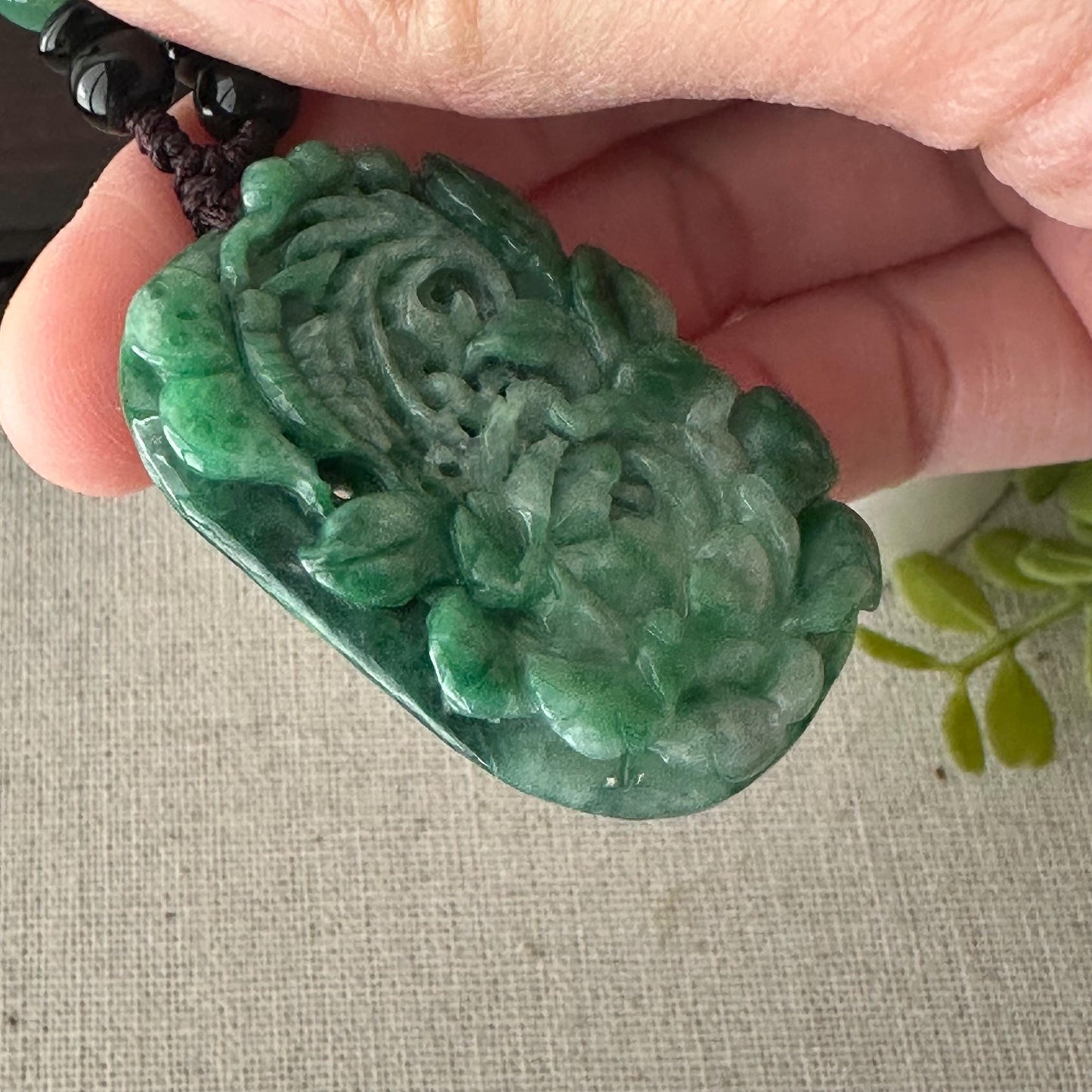 42 mm Green Jadeite Jade Carved Flower Pendant