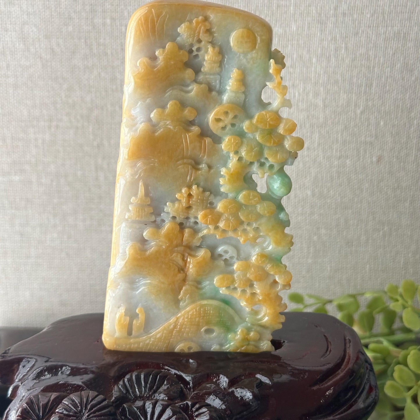 110 mm Yellow Green Jadeite Jade Carved Flower Landscape Mountain Trees Statue Display