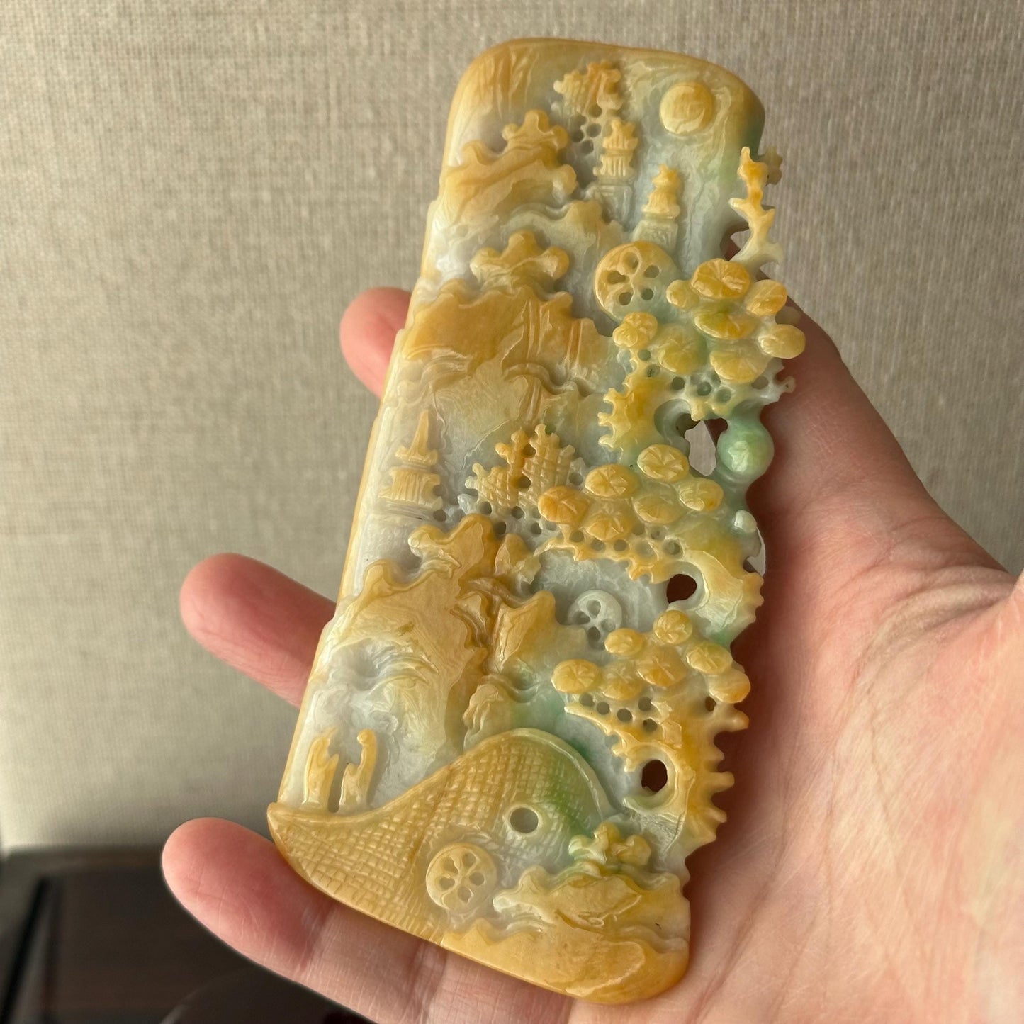 110 mm Yellow Green Jadeite Jade Carved Flower Landscape Mountain Trees Statue Display