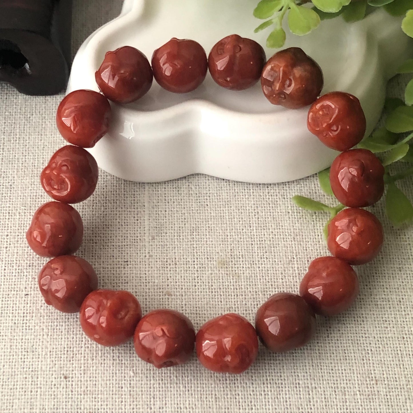 11.5mm Red Brown Glossy Carved Happy Buddha Head Jadeite Jade Bead Bracelet