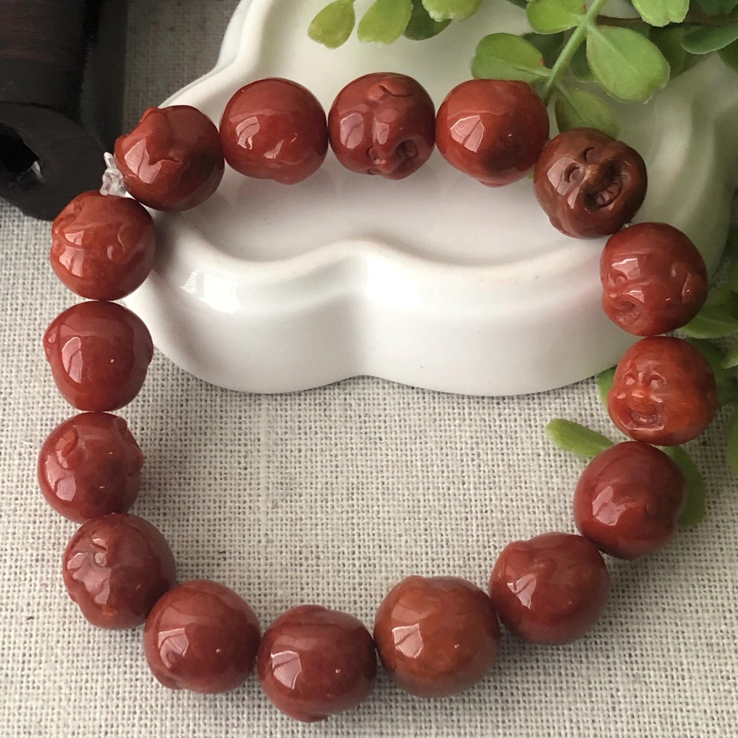 11.5mm Red Brown Glossy Carved Happy Buddha Head Jadeite Jade Bead Bracelet