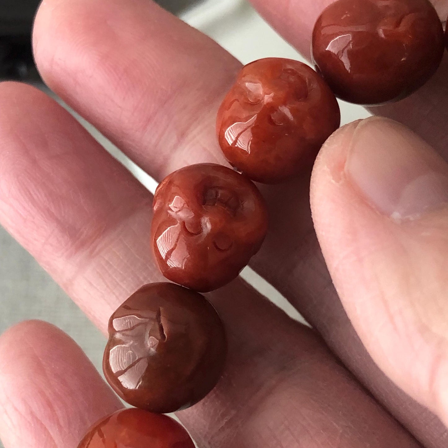 11.5mm Red Brown Glossy Carved Happy Buddha Head Jadeite Jade Bead Bracelet