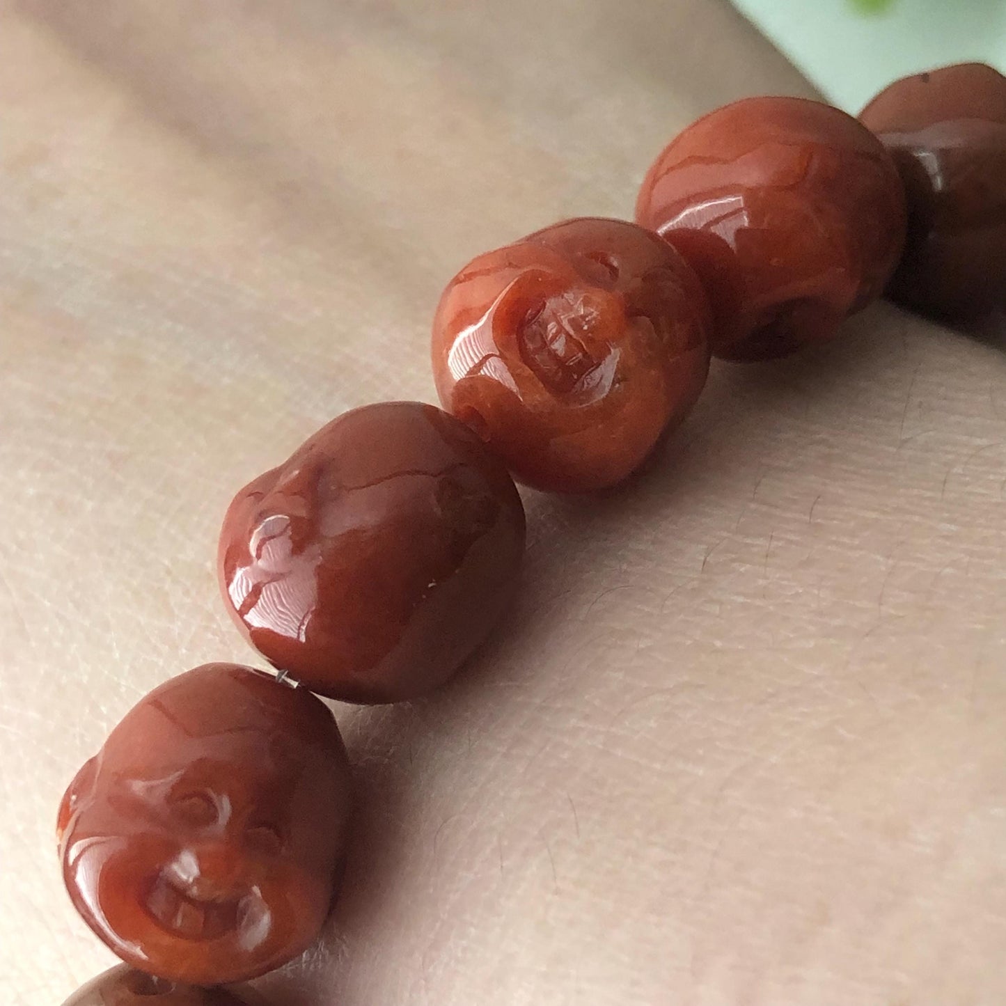 11.5mm Red Brown Glossy Carved Happy Buddha Head Jadeite Jade Bead Bracelet
