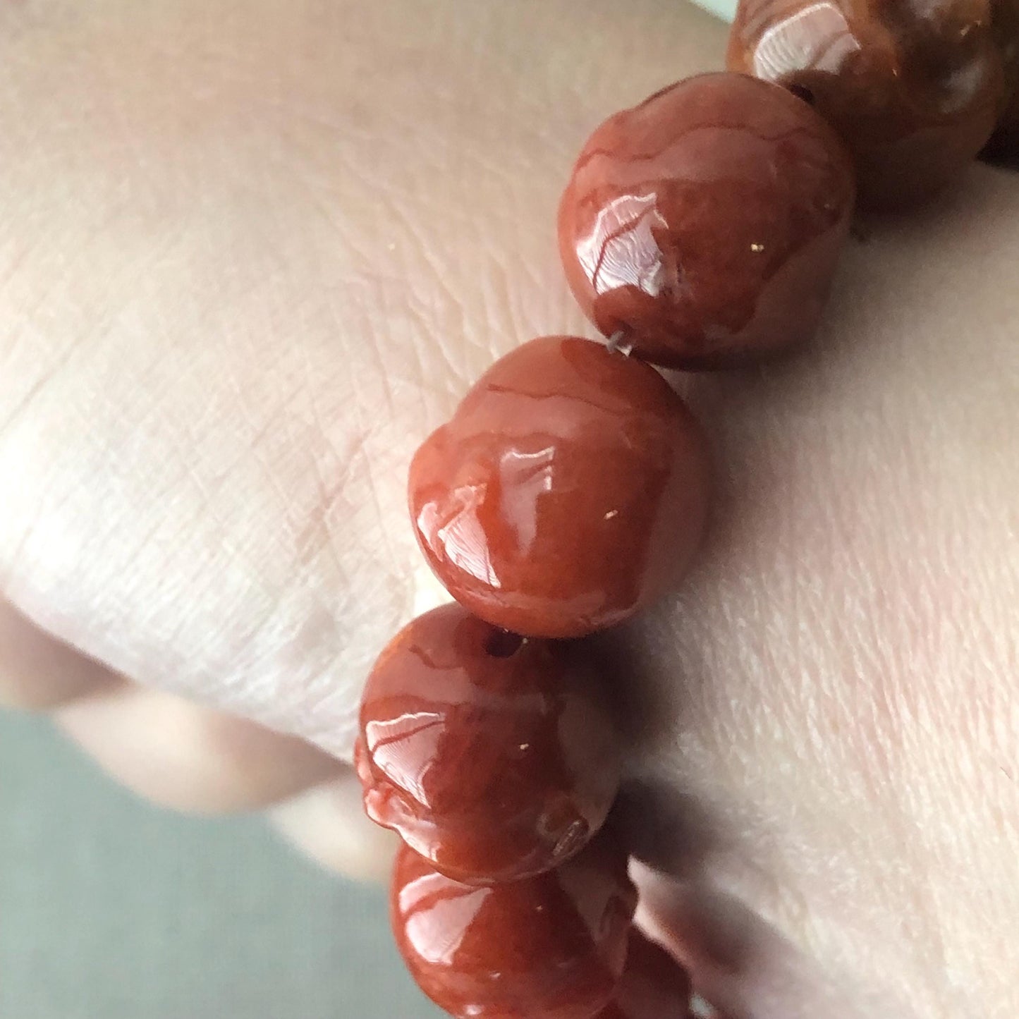 11.5mm Red Brown Glossy Carved Happy Buddha Head Jadeite Jade Bead Bracelet