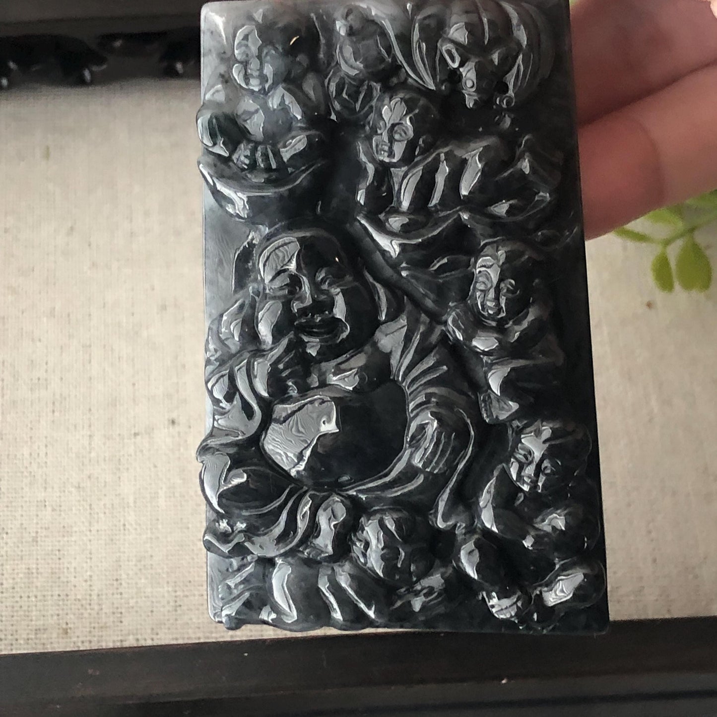 75.7 mm Icy Glossy Wuji Black Jade Jadeite Hand-Carved Happy Buddha Pendant