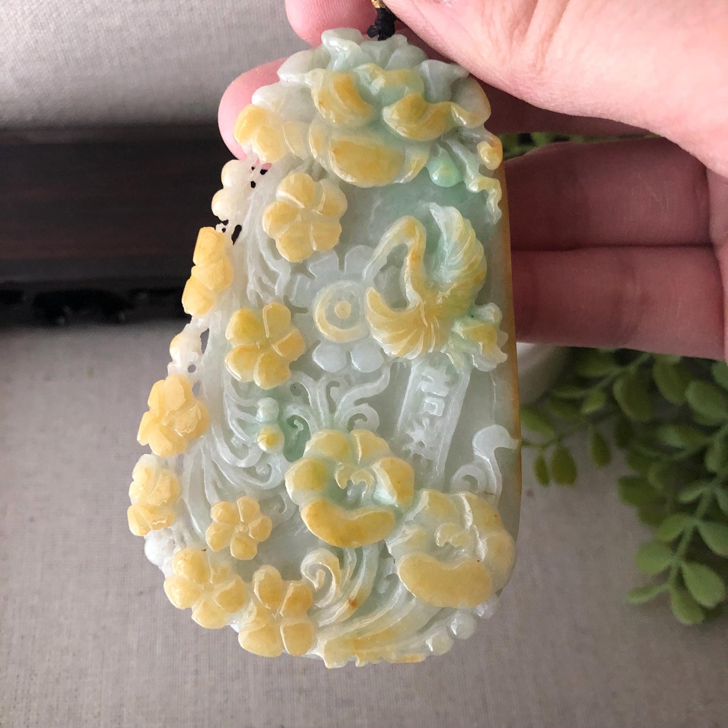85 mm Green Yellow Jadeite Jade Carved Landscape Trees Mountain Pendant