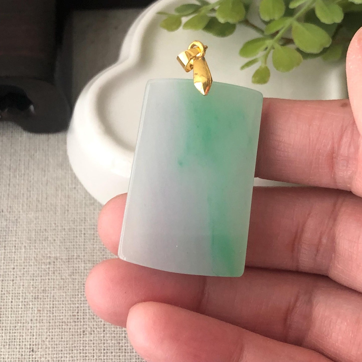 36.2 mm Icy Glossy Green Carved Plaque Jadeite Jade Pendant