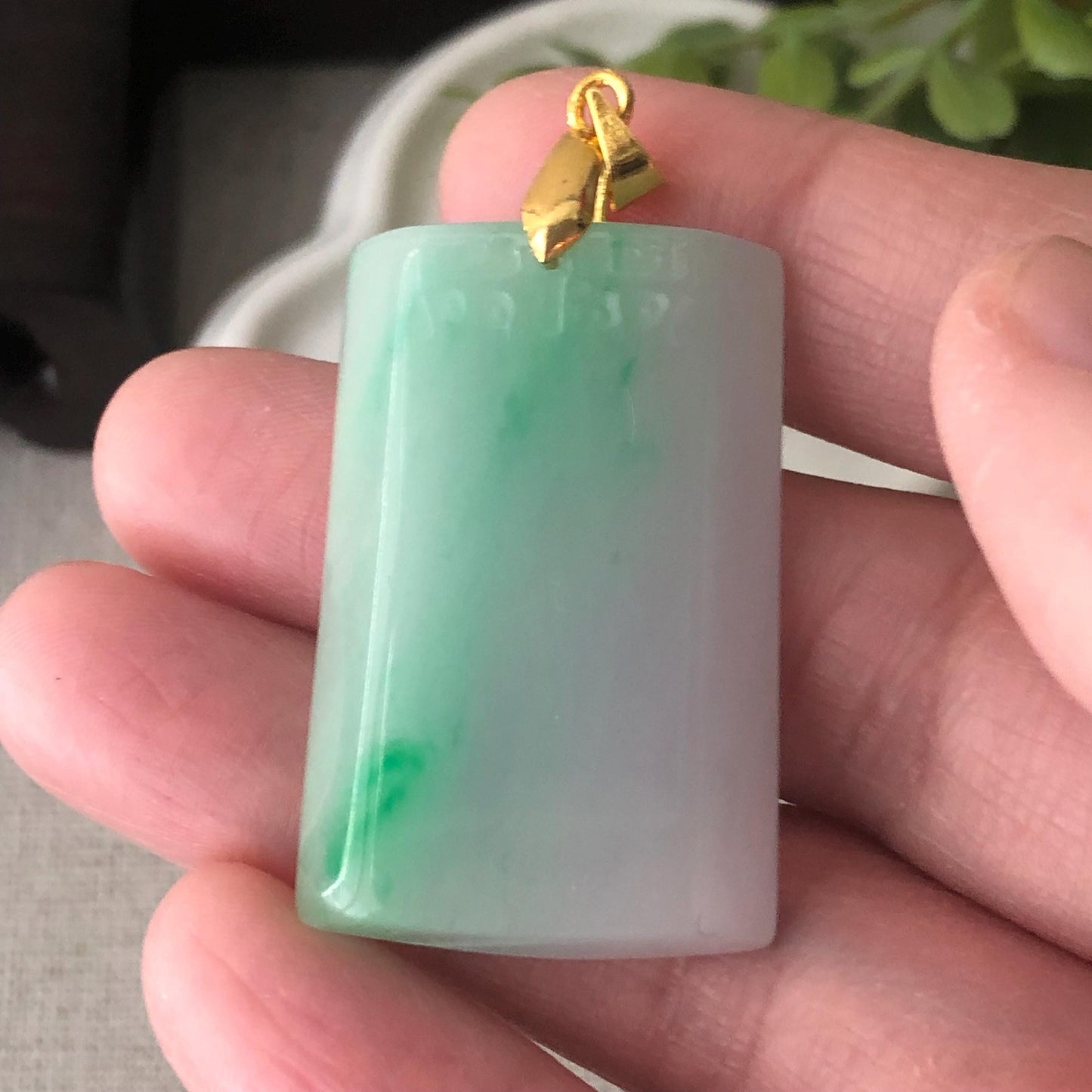 36.2 mm Icy Glossy Green Carved Plaque Jadeite Jade Pendant